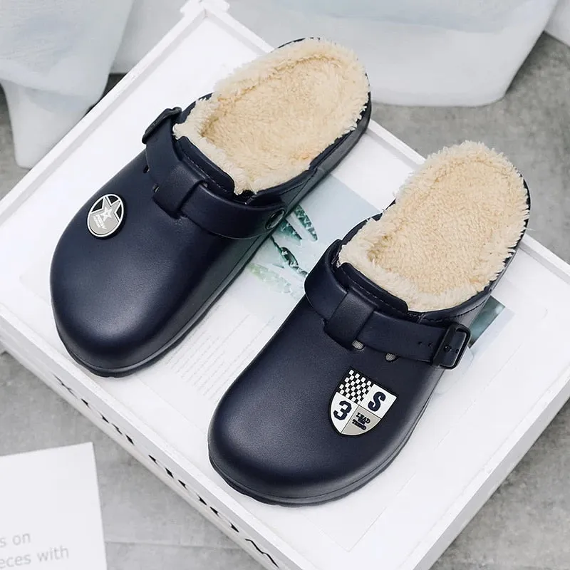 Cuzcare Men Fluffy Plush Slippers PU Winter Mule Clogs