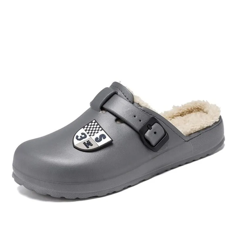 Cuzcare Men Fluffy Plush Slippers PU Winter Mule Clogs