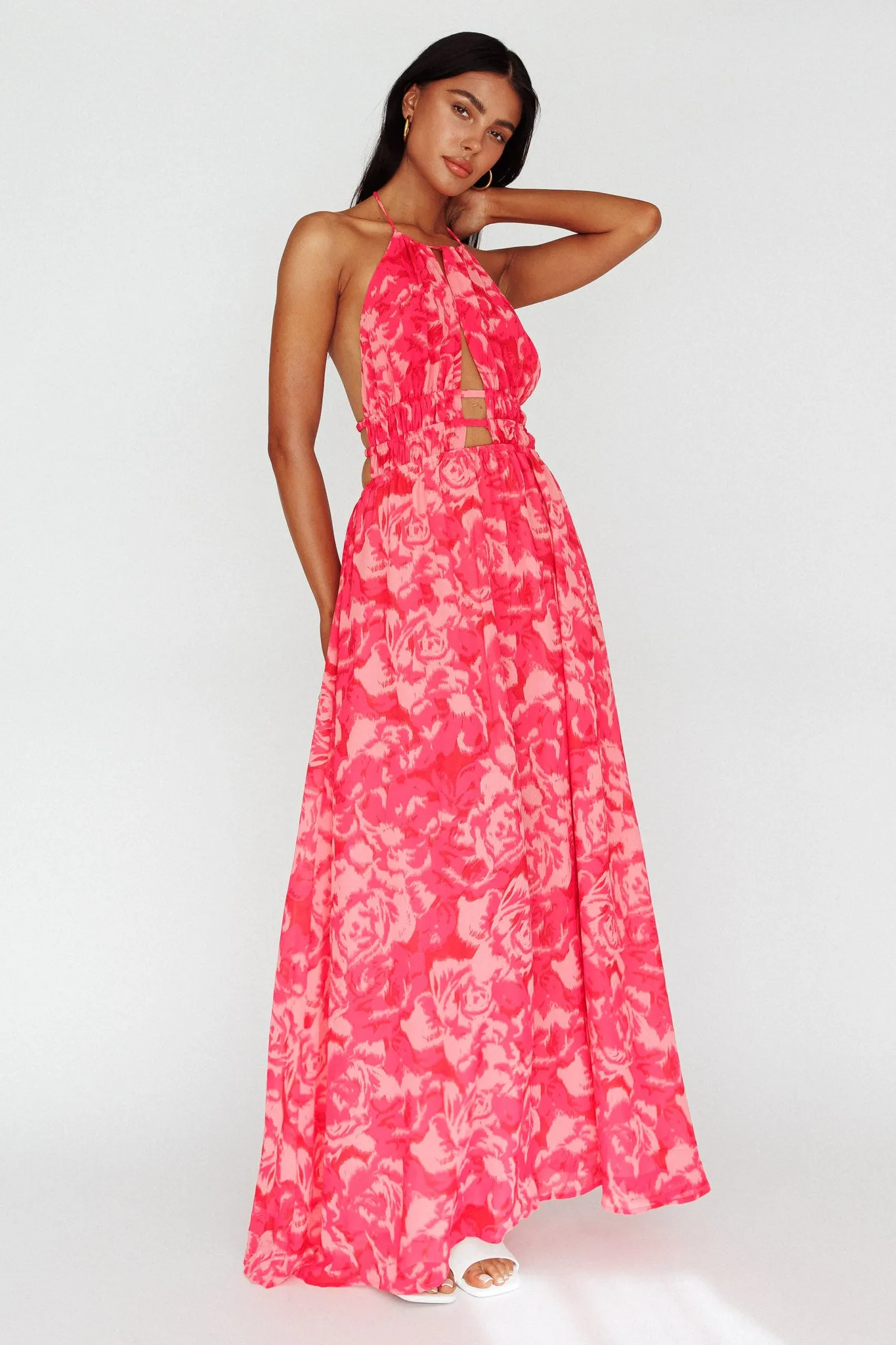 Cyndi Open Back Halterneck Maxi Dress Floral Pink