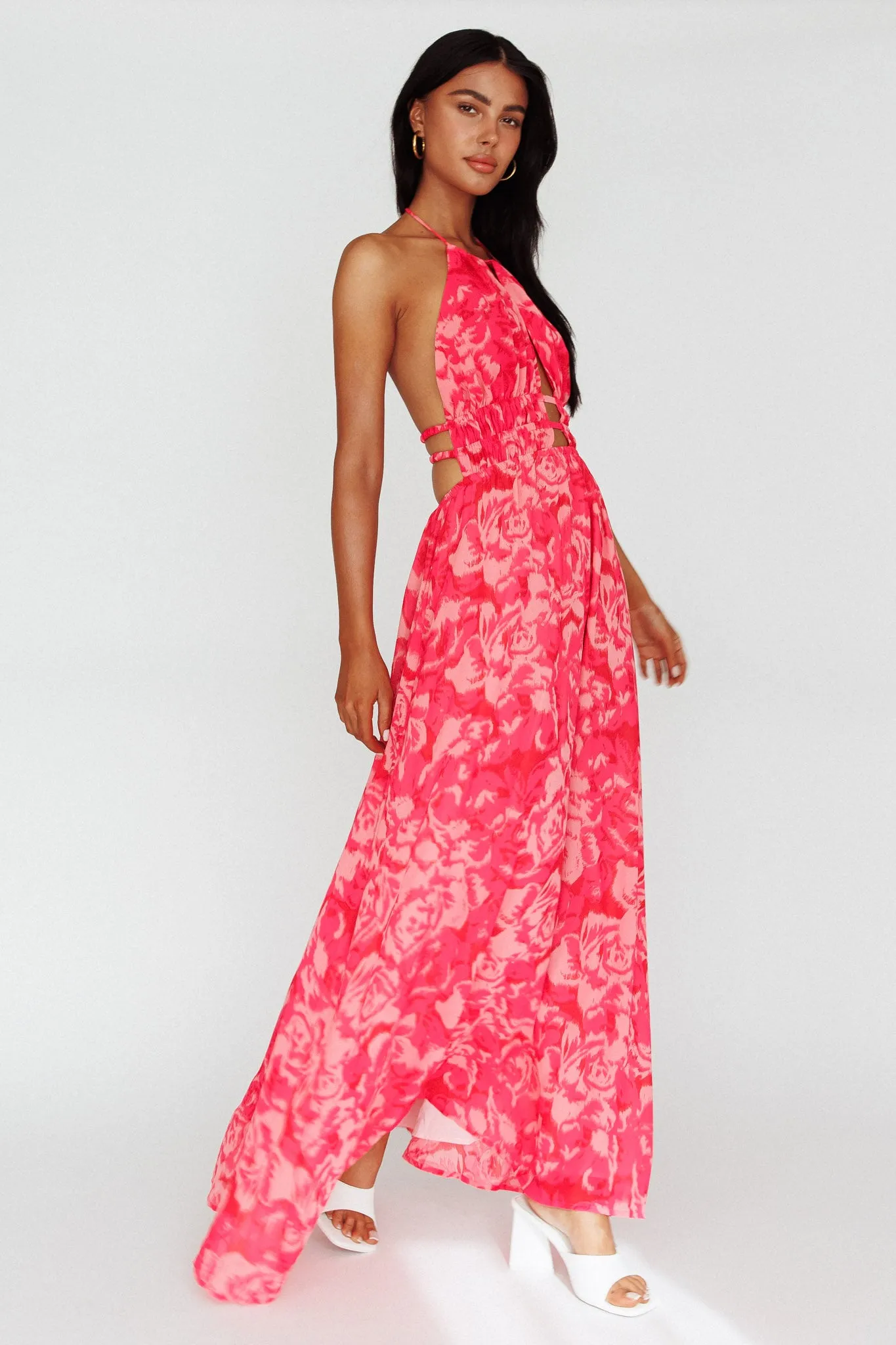 Cyndi Open Back Halterneck Maxi Dress Floral Pink