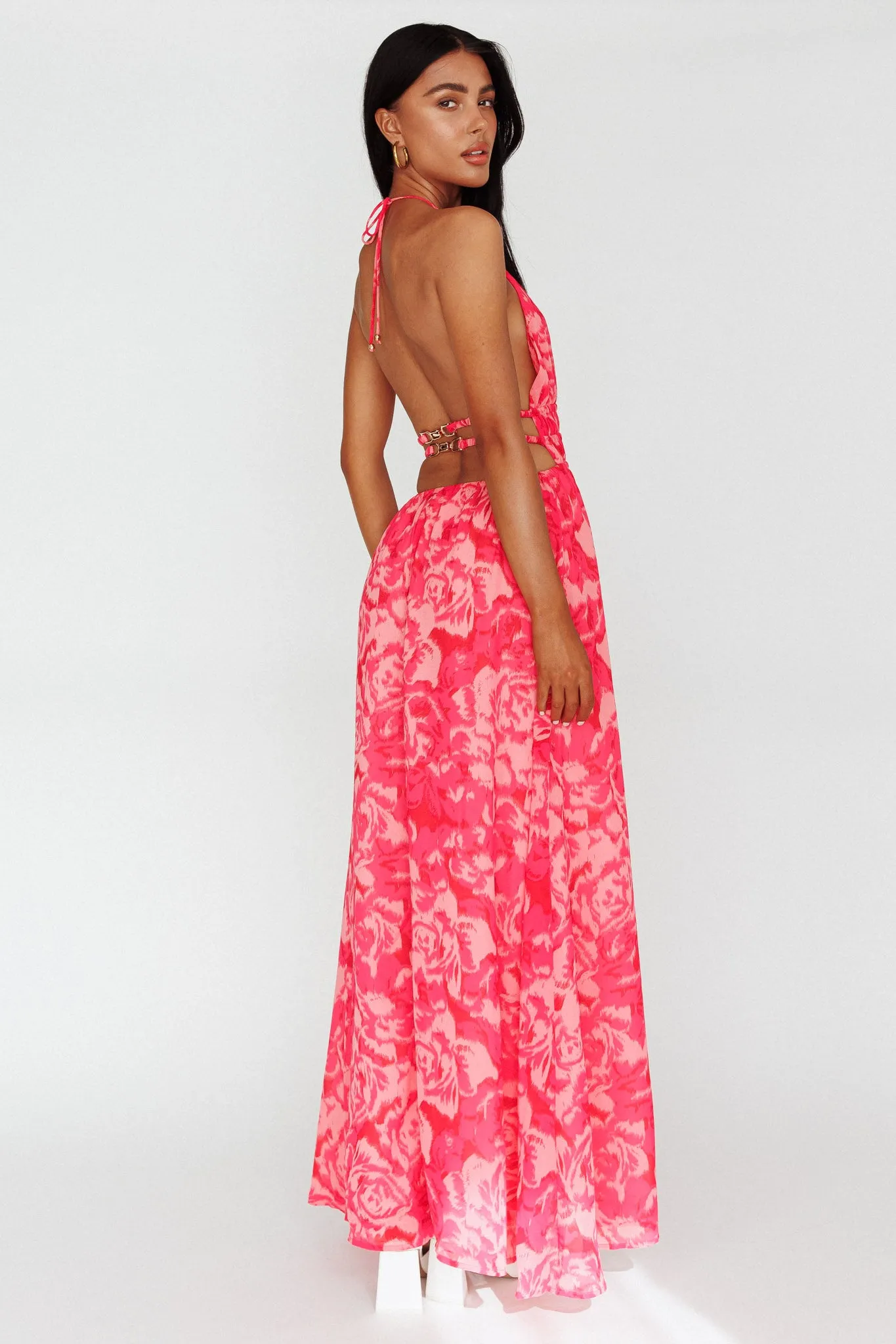 Cyndi Open Back Halterneck Maxi Dress Floral Pink