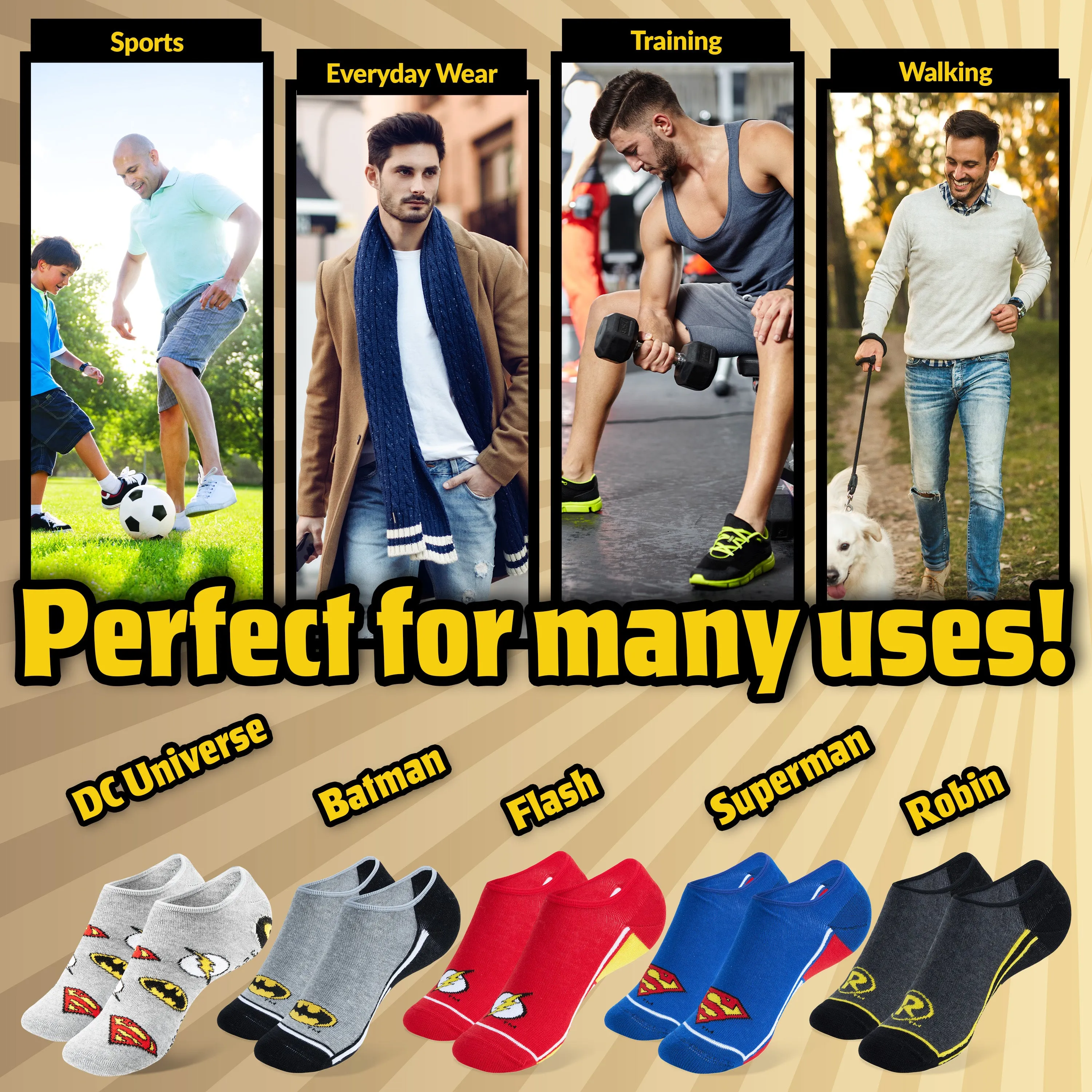 DC Comics Socks for  Men and Teenagers, Superheroes Trainer Socks