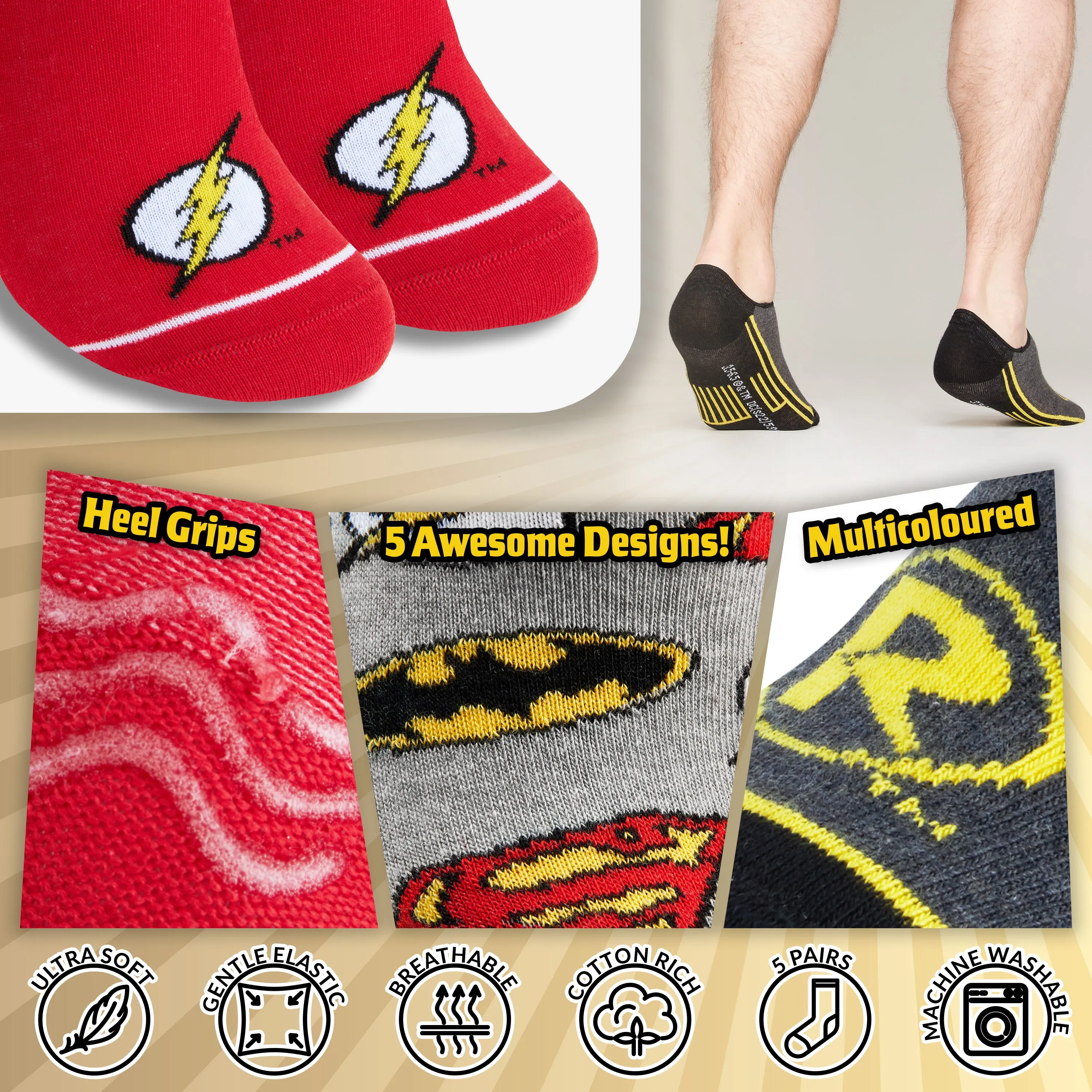 DC Comics Socks for  Men and Teenagers, Superheroes Trainer Socks