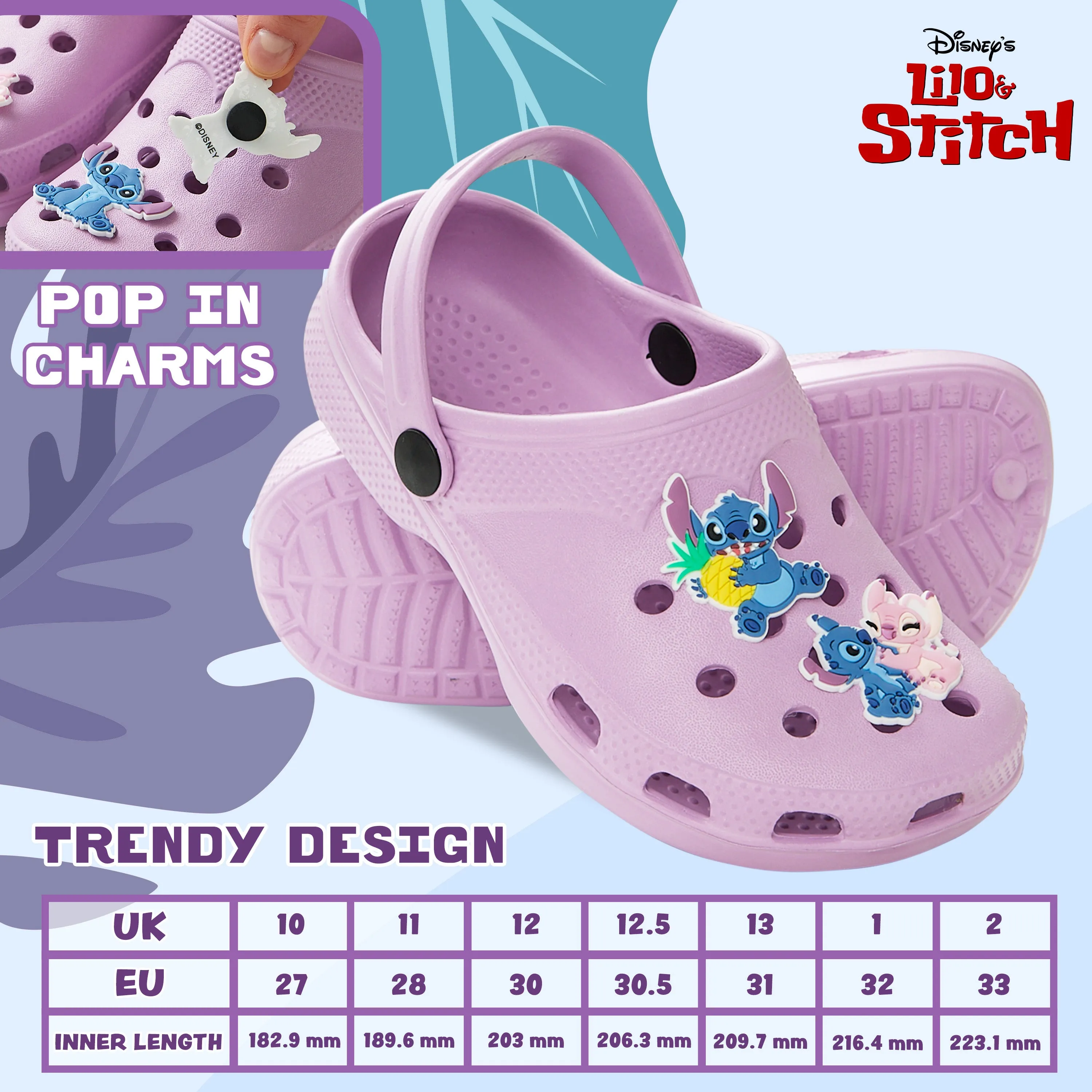 Disney Girls Clogs with Removable Rubber Charms - Girls Gifts