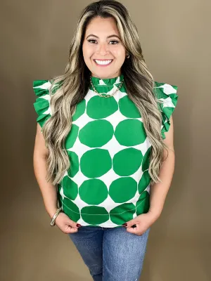 Dottie Kelly Green Dot Pattern Ruffle Cap Sleeves Top