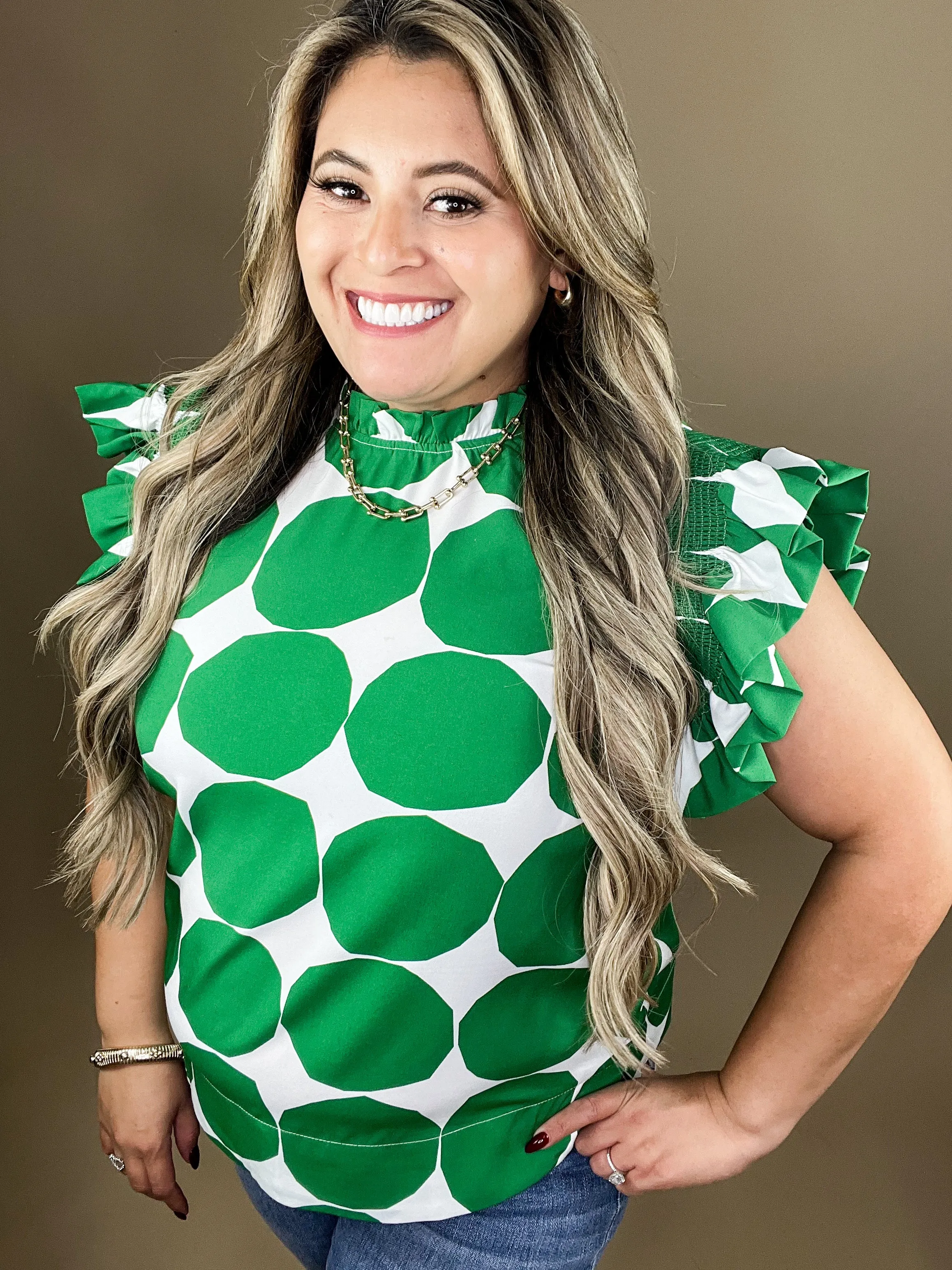 Dottie Kelly Green Dot Pattern Ruffle Cap Sleeves Top