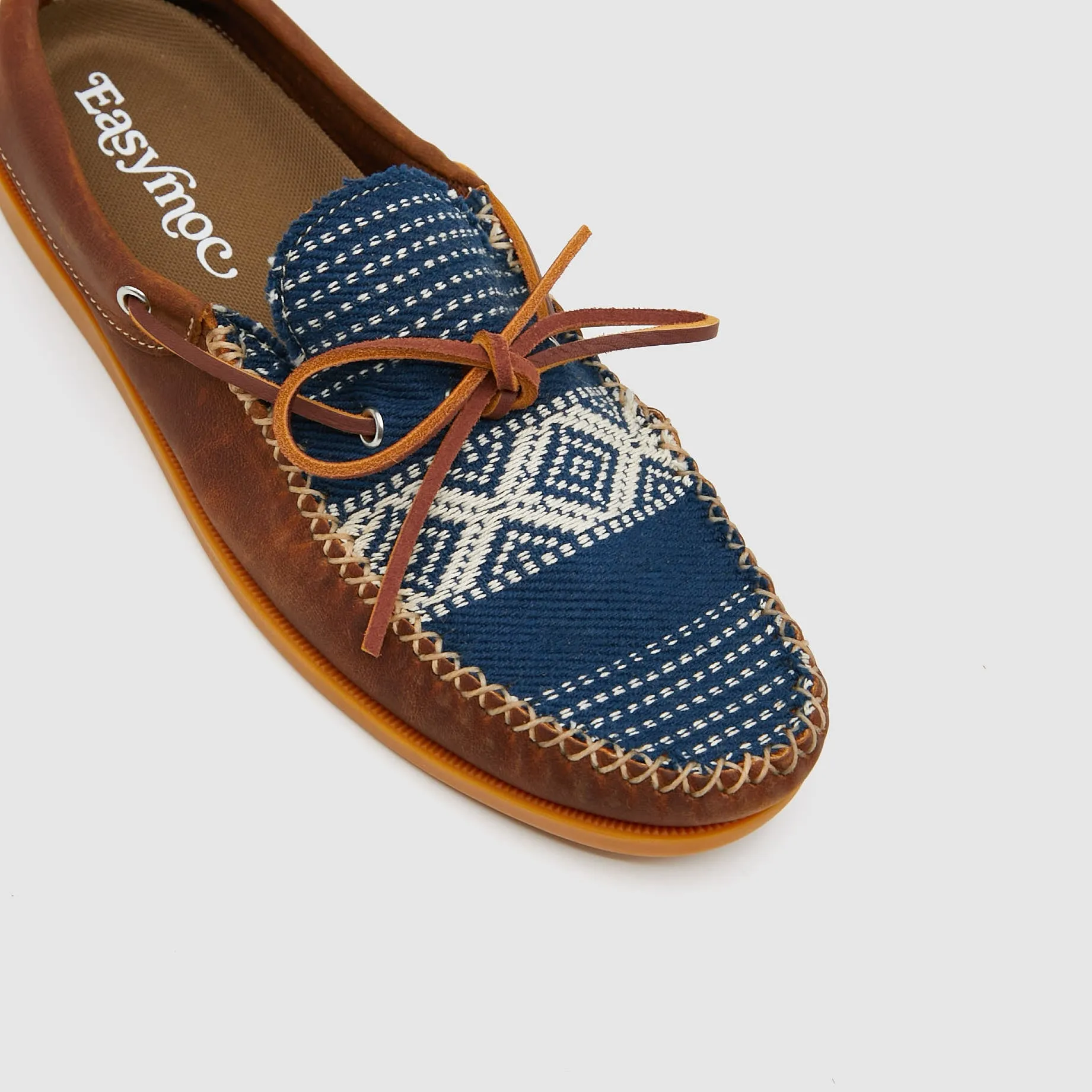 Easymoc Leather and Sashiko Fabric Slip on Shoes