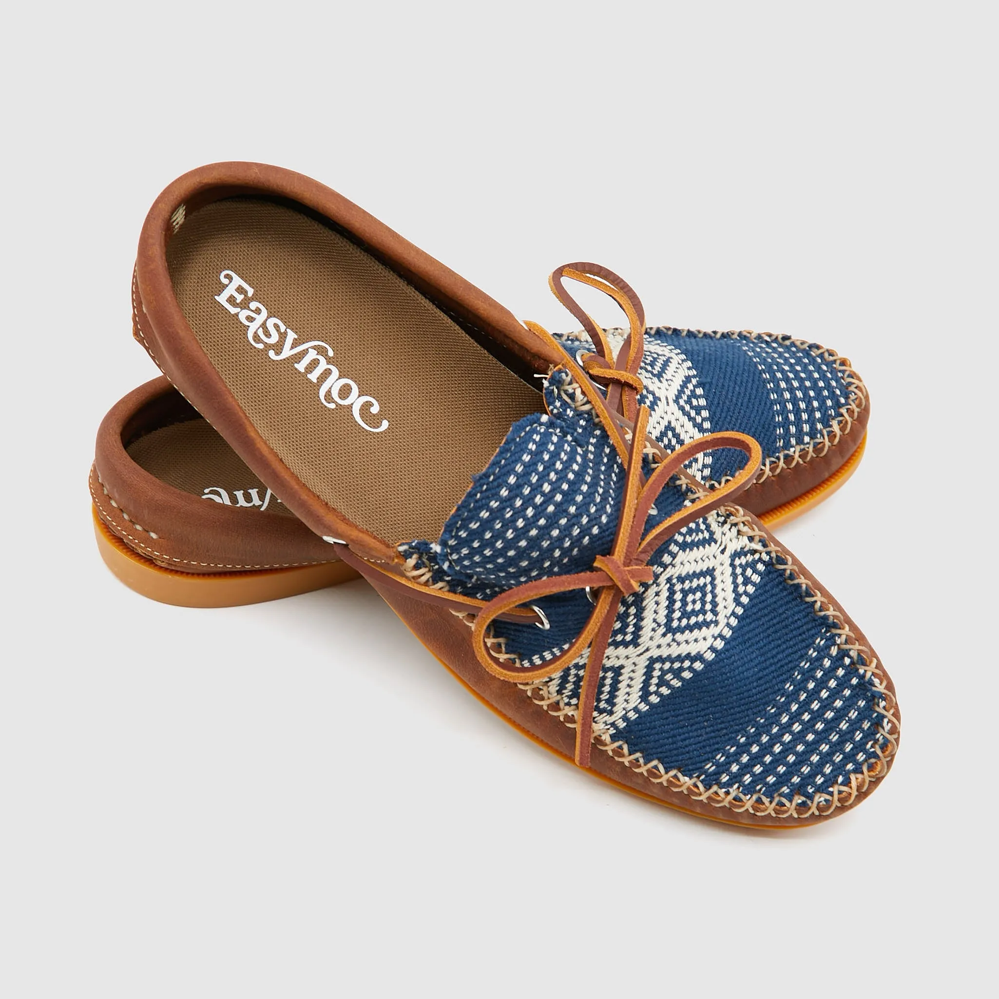 Easymoc Leather and Sashiko Fabric Slip on Shoes