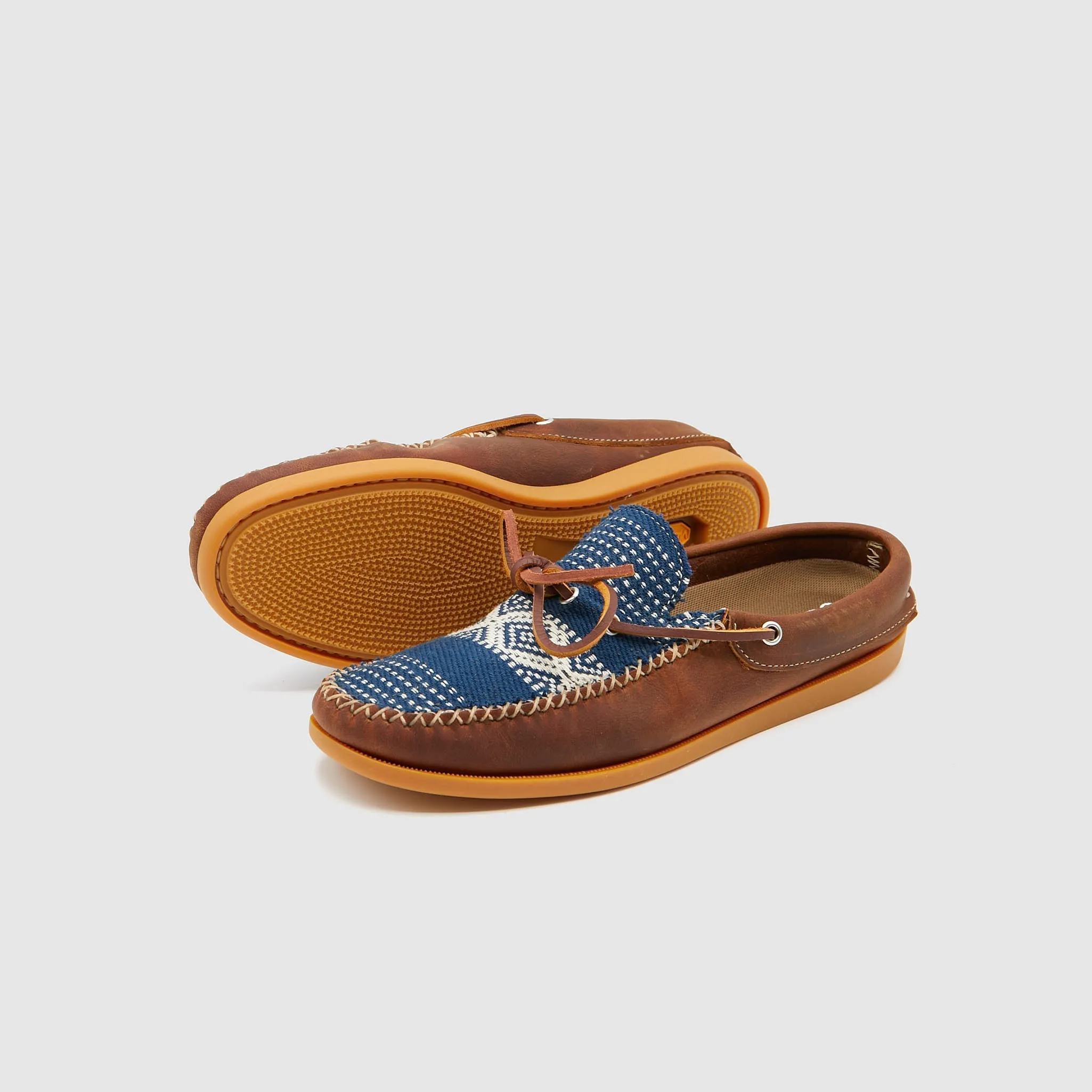 Easymoc Leather and Sashiko Fabric Slip on Shoes