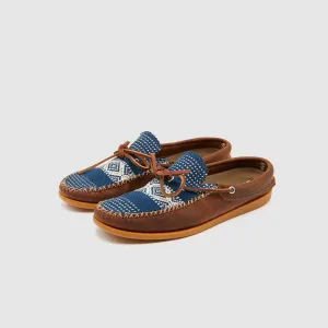 Easymoc Leather and Sashiko Fabric Slip on Shoes