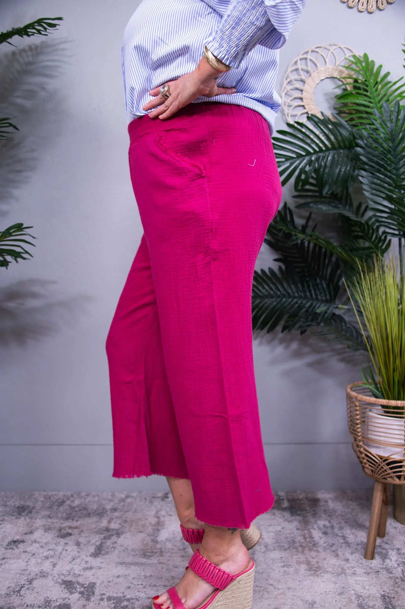 Elevate The Basic Deep Rose Raw Hem Elastic Waist Wide Leg Pant