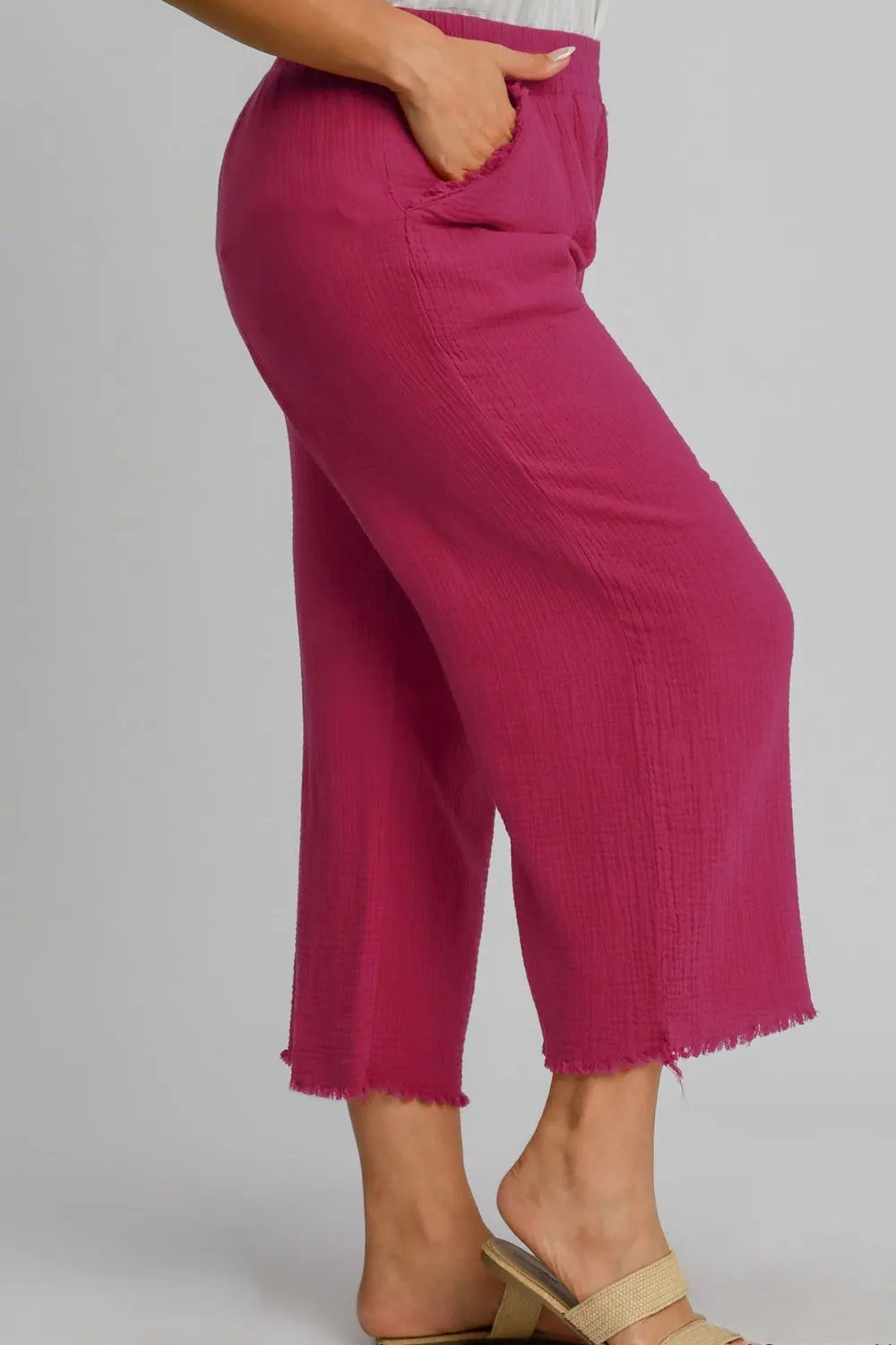 Elevate The Basic Deep Rose Raw Hem Elastic Waist Wide Leg Pant