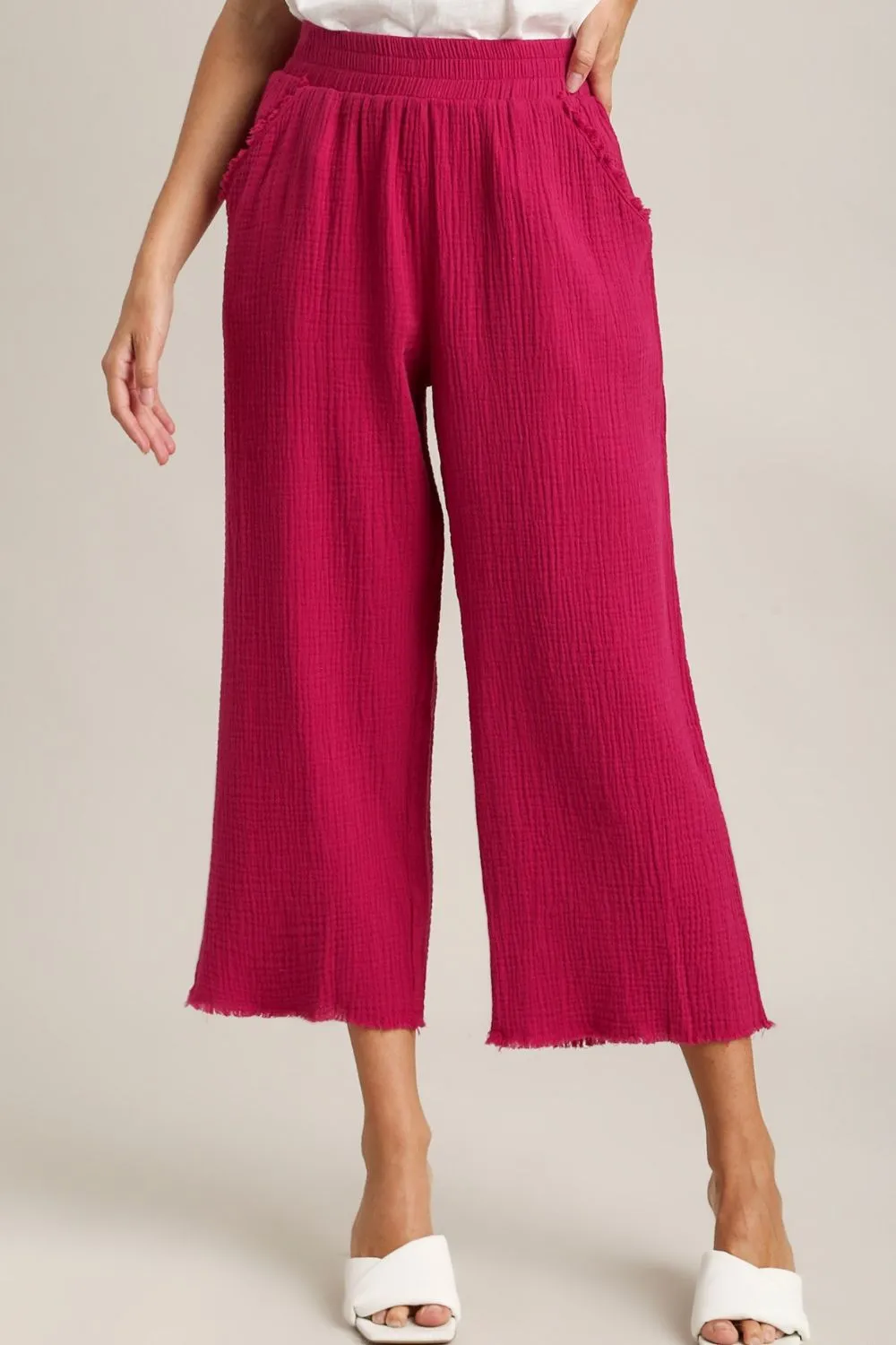 Elevate The Basic Deep Rose Raw Hem Elastic Waist Wide Leg Pant