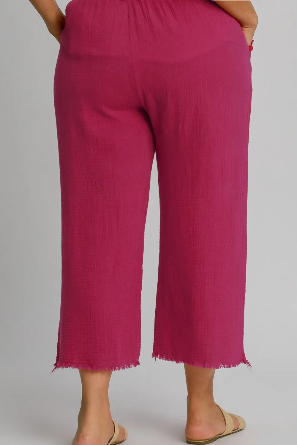 Elevate The Basic Deep Rose Raw Hem Elastic Waist Wide Leg Pant