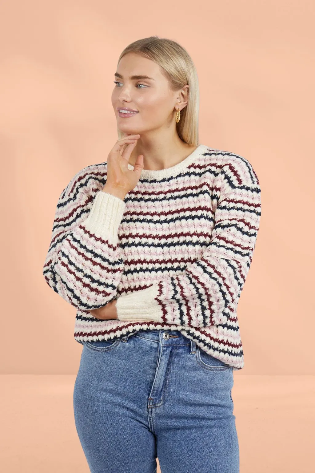 Elm Sara Stripe Knit White Wine Heather