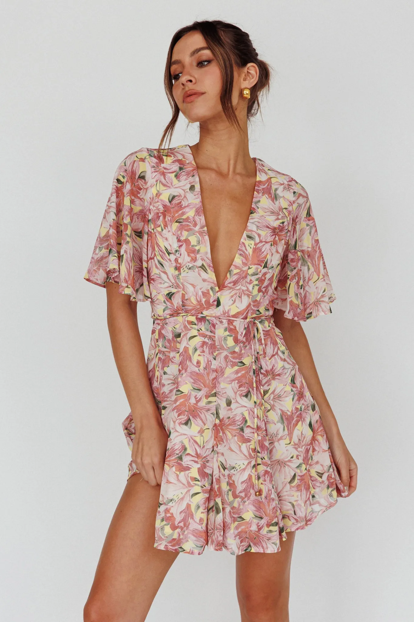 Estelle Angel Sleeve Dress Lily Print Yellow