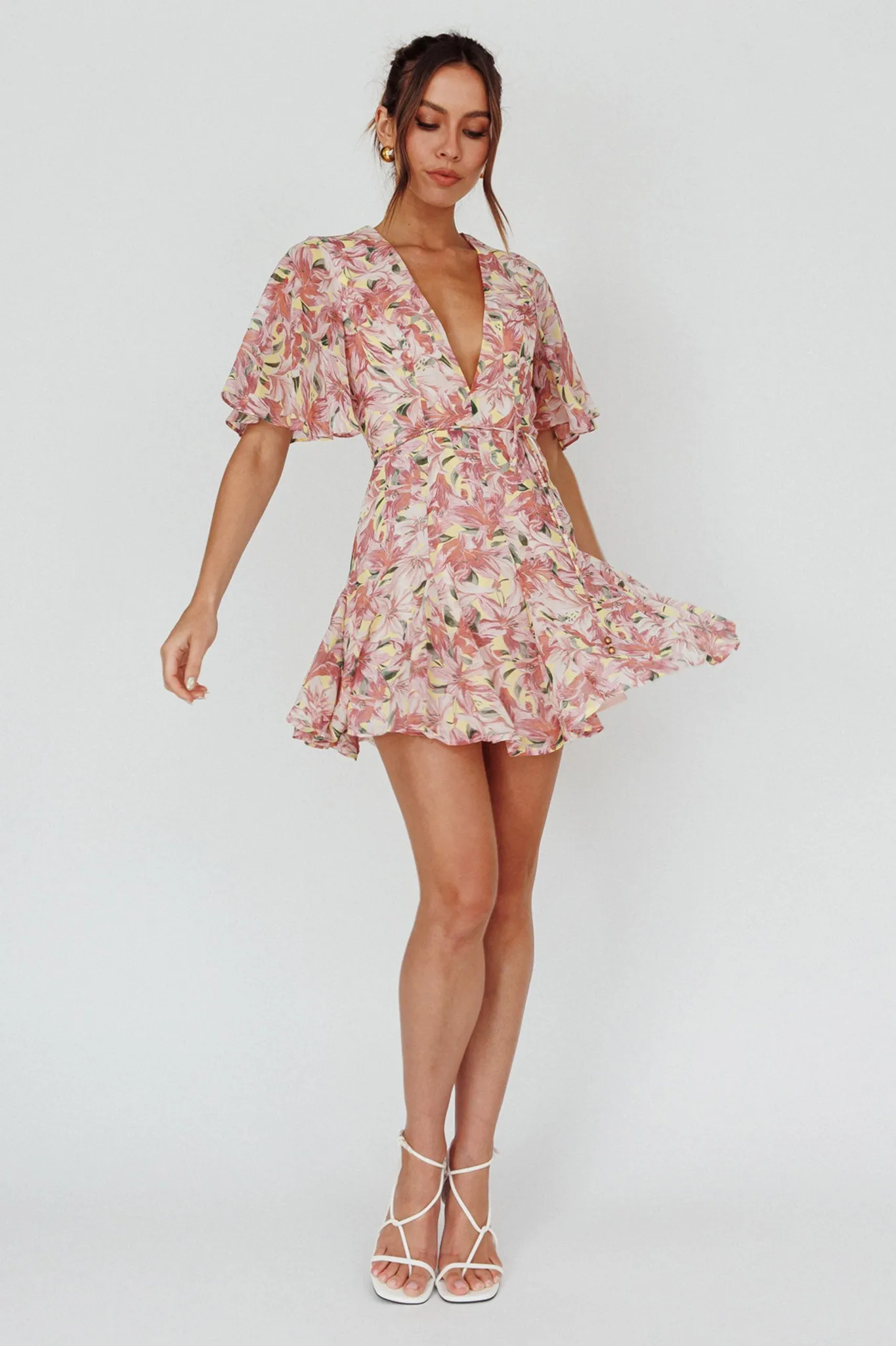 Estelle Angel Sleeve Dress Lily Print Yellow