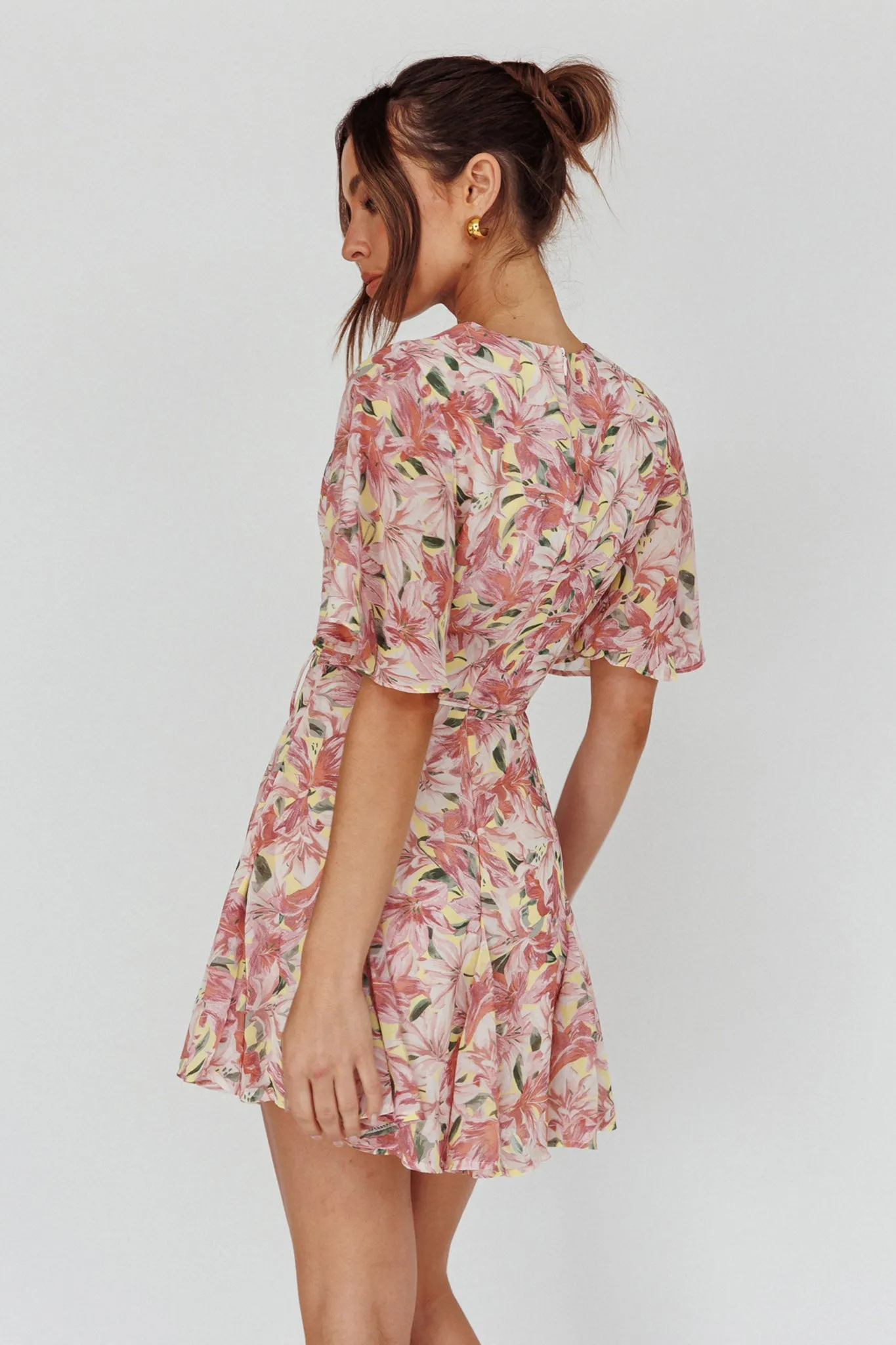 Estelle Angel Sleeve Dress Lily Print Yellow
