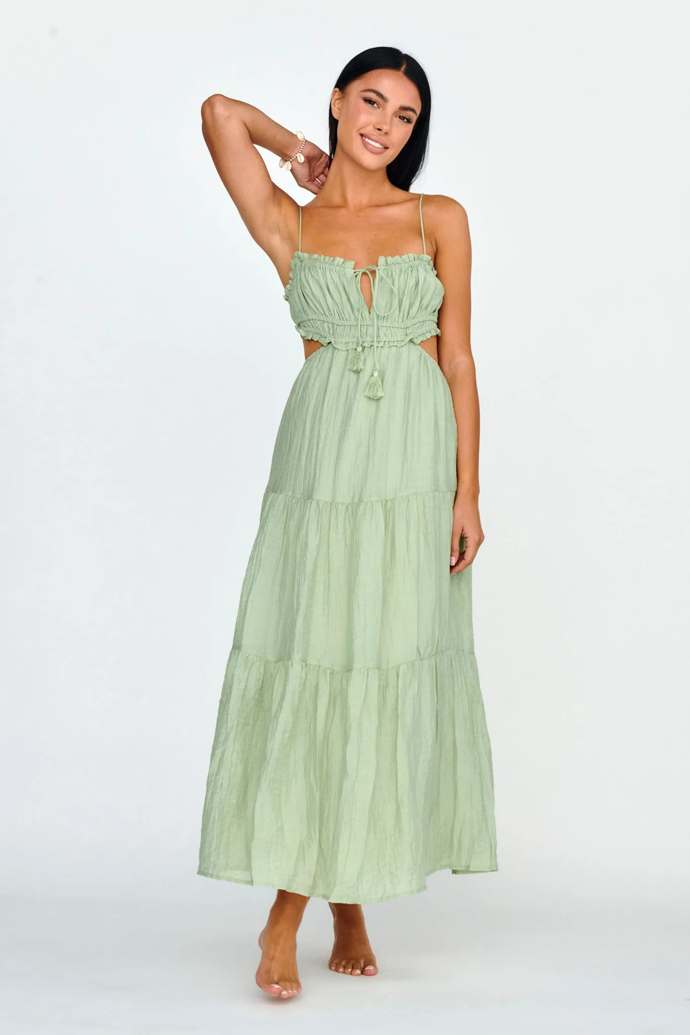 Eyona Cut-Out Waist Tie Maxi Dress Sage