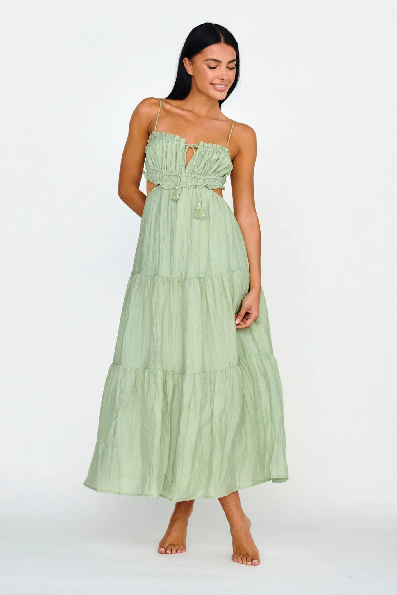 Eyona Cut-Out Waist Tie Maxi Dress Sage
