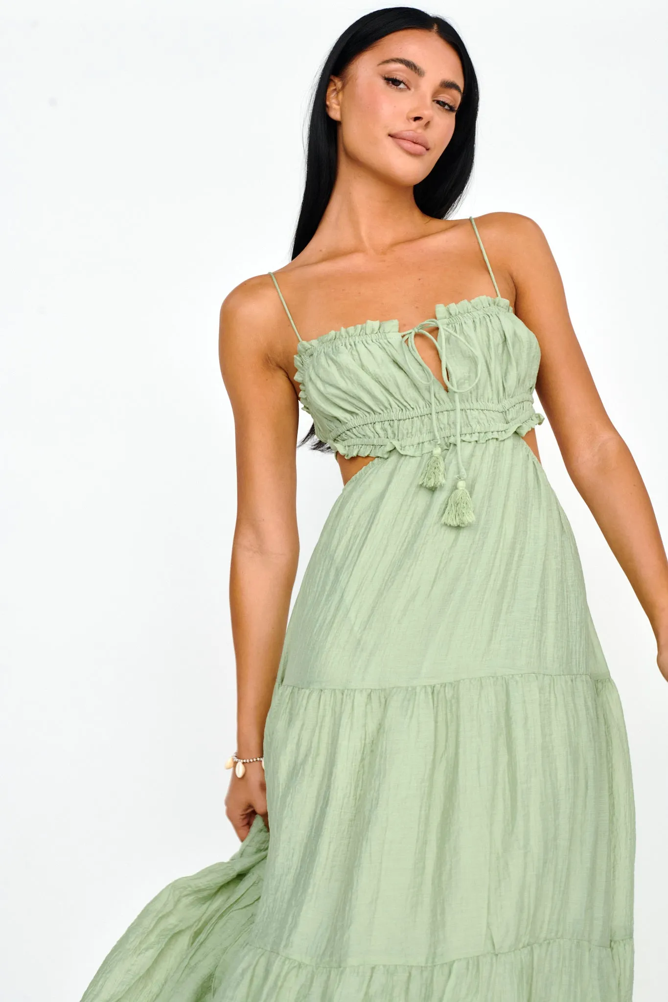 Eyona Cut-Out Waist Tie Maxi Dress Sage
