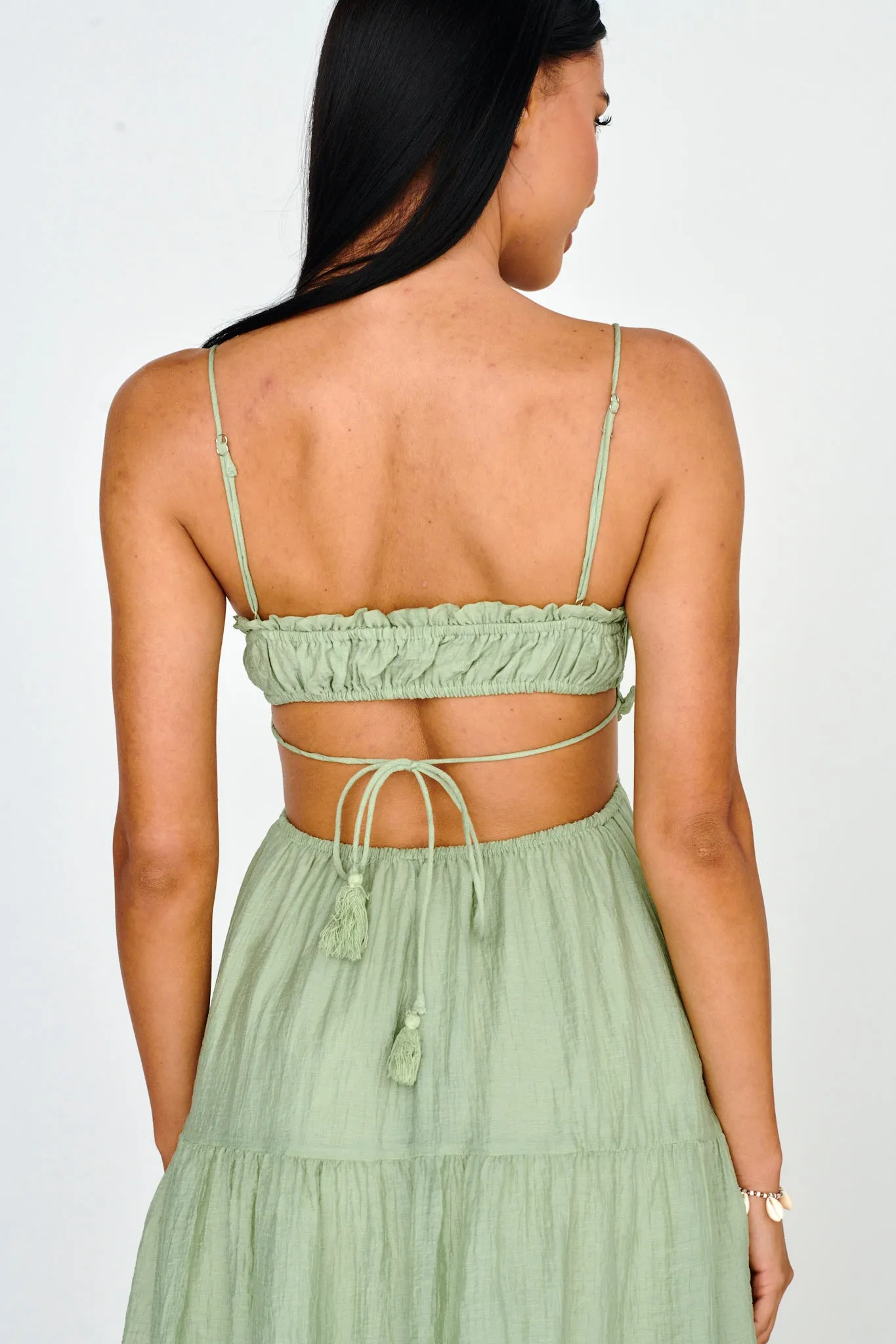 Eyona Cut-Out Waist Tie Maxi Dress Sage