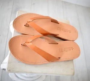 Flip Flop - Thong men Greek Leather sandals, slipers Men, Tan Color, leather sole - insole