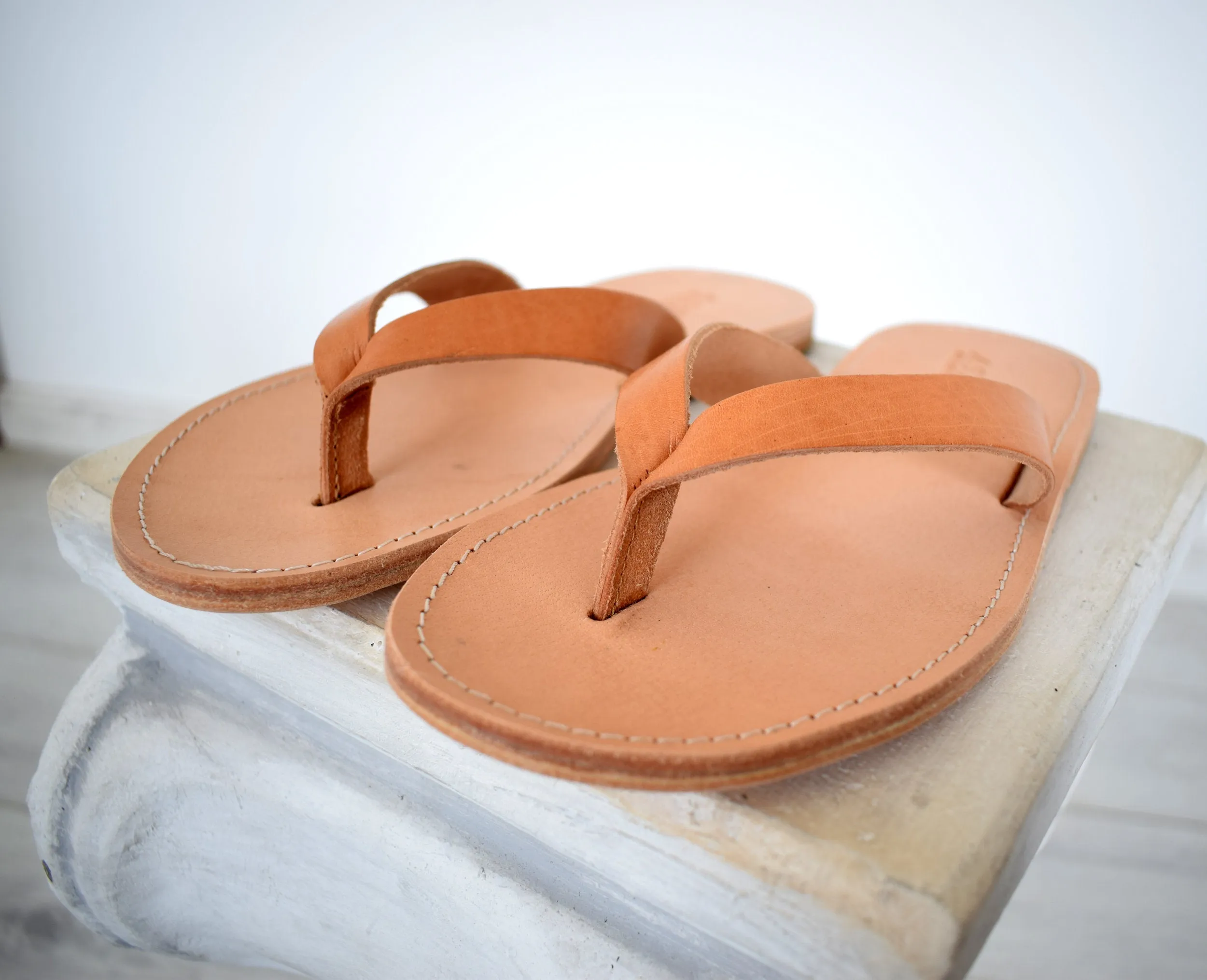 Flip Flop - Thong men Greek Leather sandals, slipers Men, Tan Color, leather sole - insole