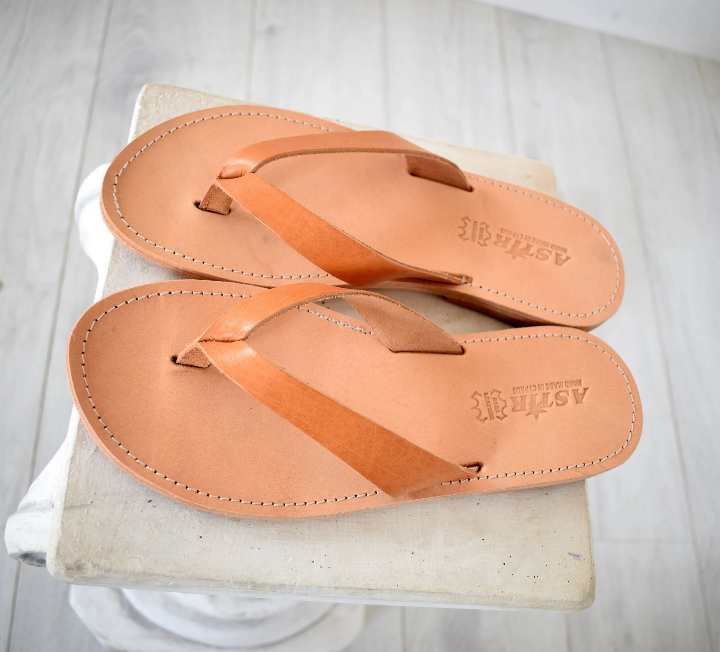 Flip Flop - Thong men Greek Leather sandals, slipers Men, Tan Color, leather sole - insole