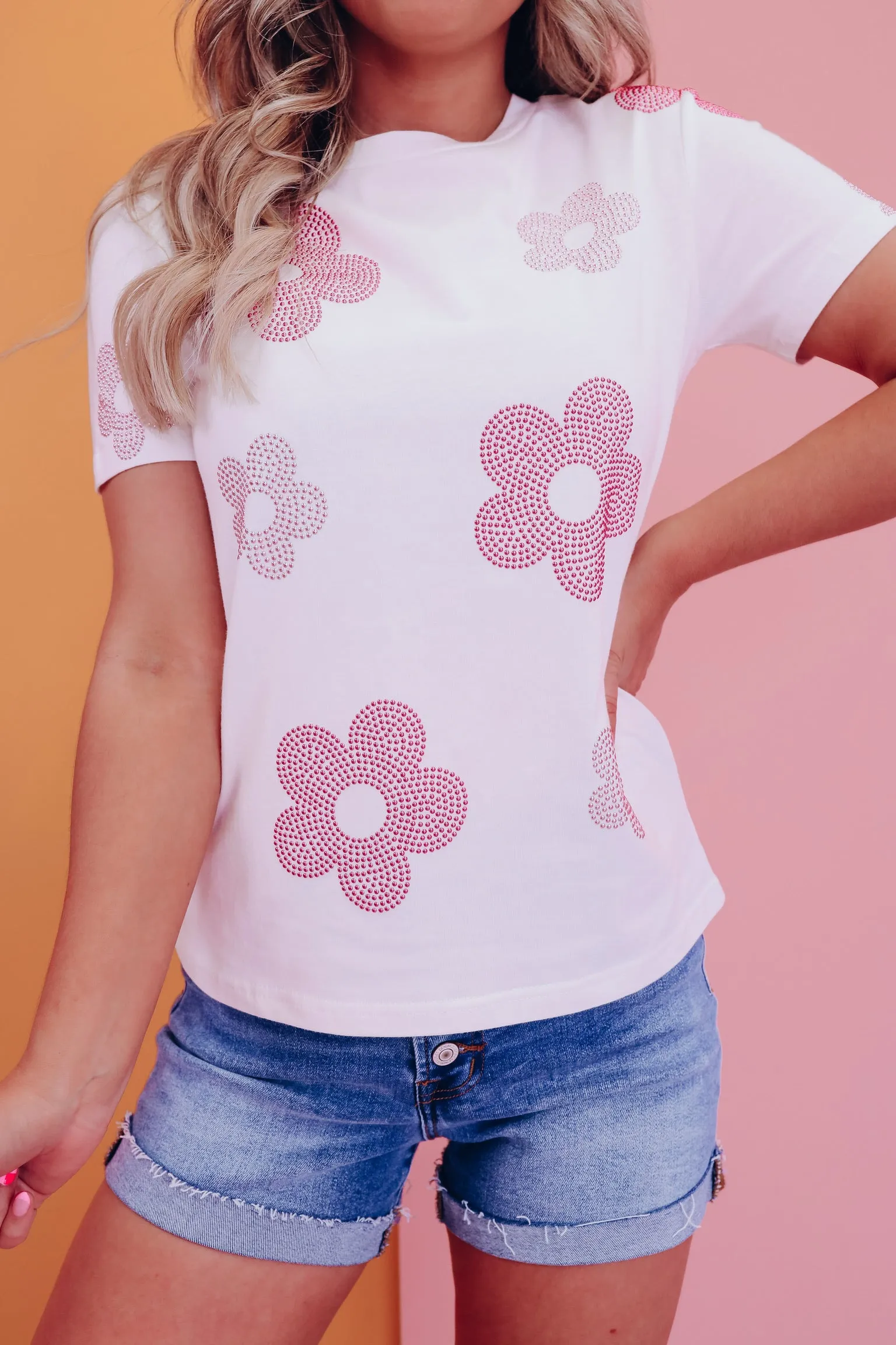 Floral Accent Studded Top - White