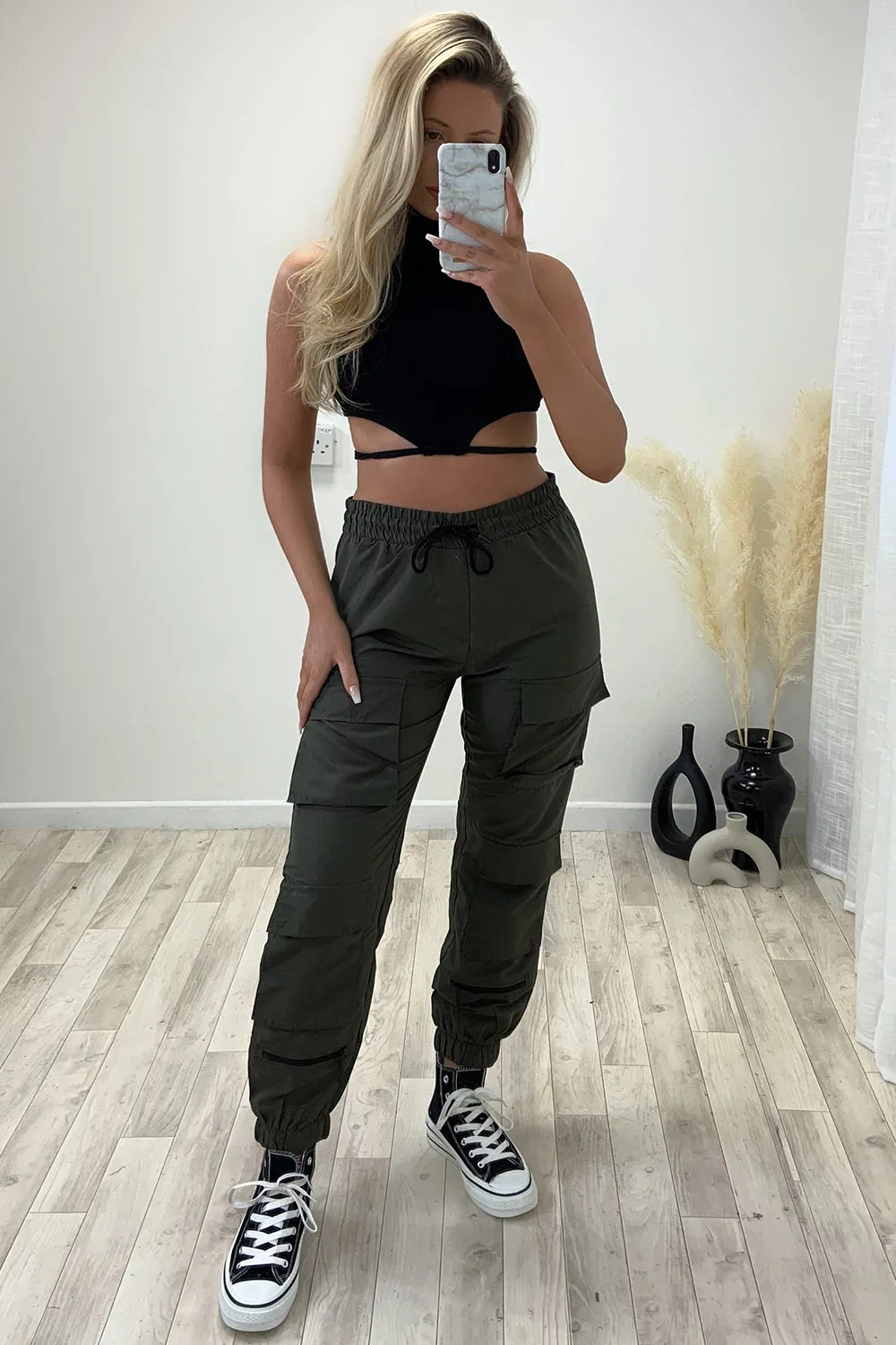 Florence Khaki Double Pocket Drawstring Cargo Trousers