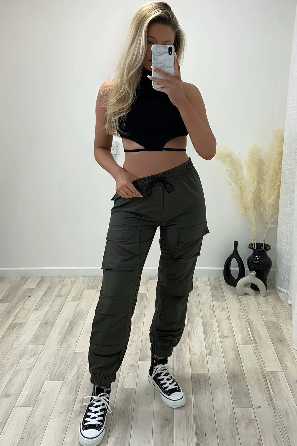 Florence Khaki Double Pocket Drawstring Cargo Trousers