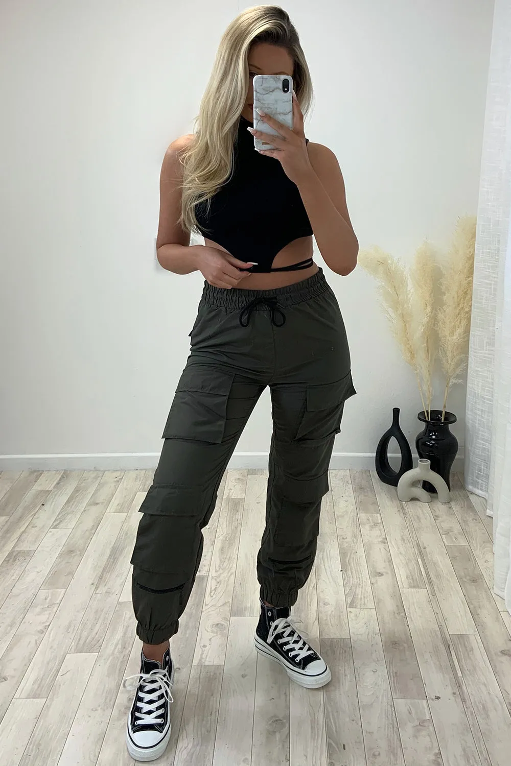 Florence Khaki Double Pocket Drawstring Cargo Trousers