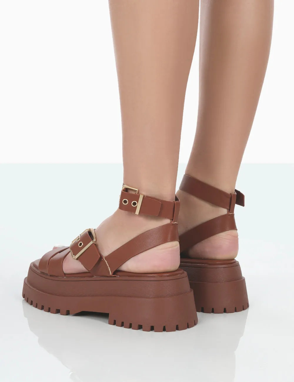 Follow Tan PU Chunky Buckle Sandals