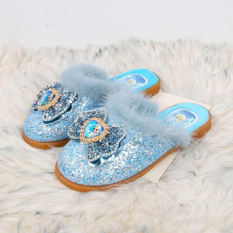 Glitter Bow Slide Slippers With Faux Fur
