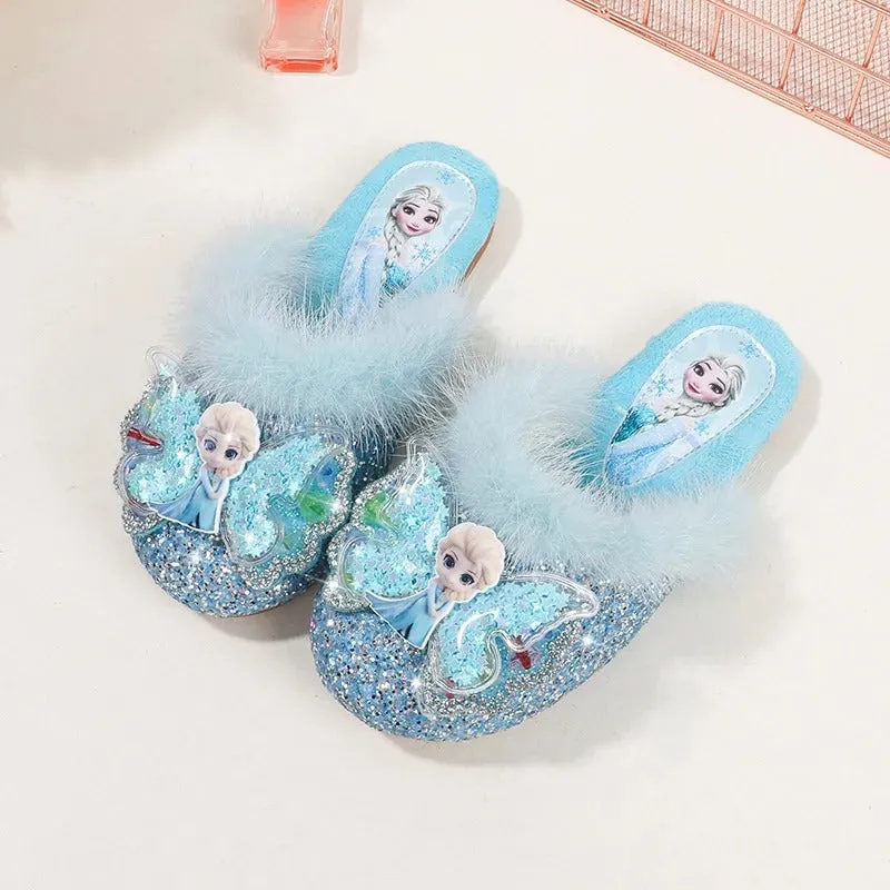 Glitter Bow Slide Slippers With Faux Fur