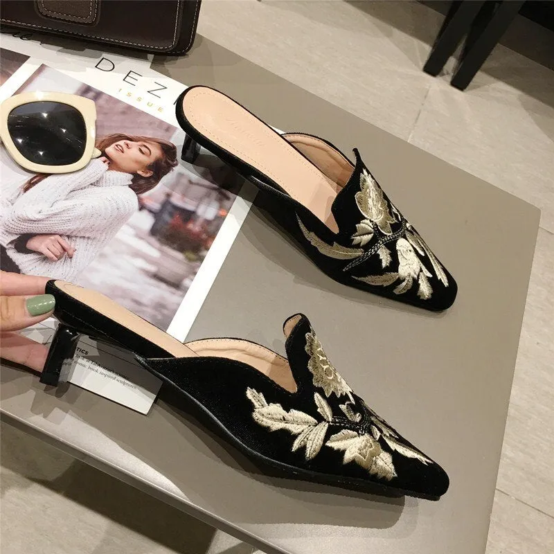 Green Velvet High Heels Slippers Women Floral Embroidery Mules Shallow Pointed Toe Heeled Fashion Loafers Outsides Woman Slides