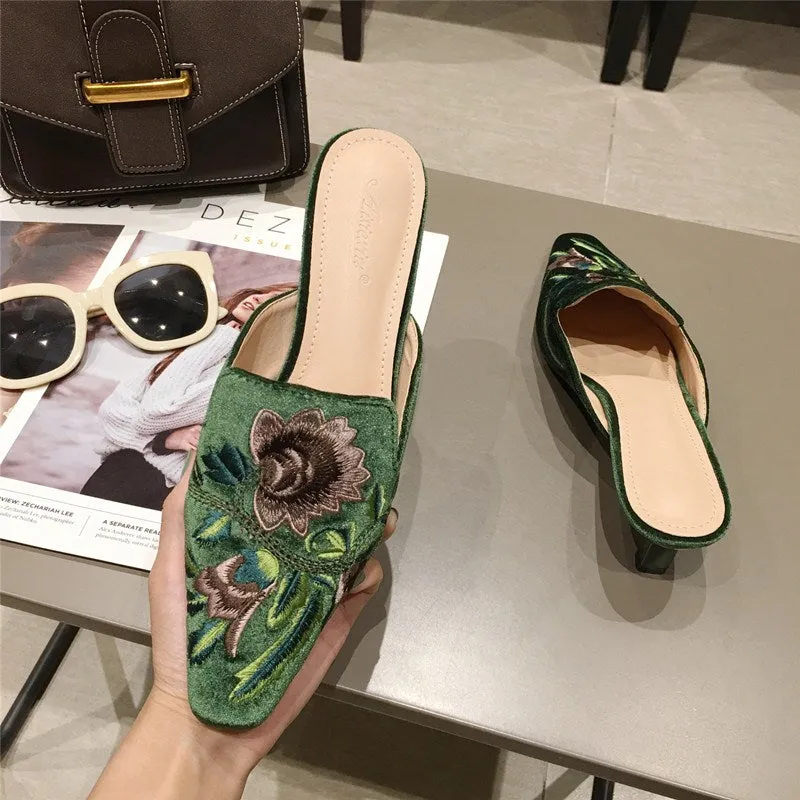 Green Velvet High Heels Slippers Women Floral Embroidery Mules Shallow Pointed Toe Heeled Fashion Loafers Outsides Woman Slides