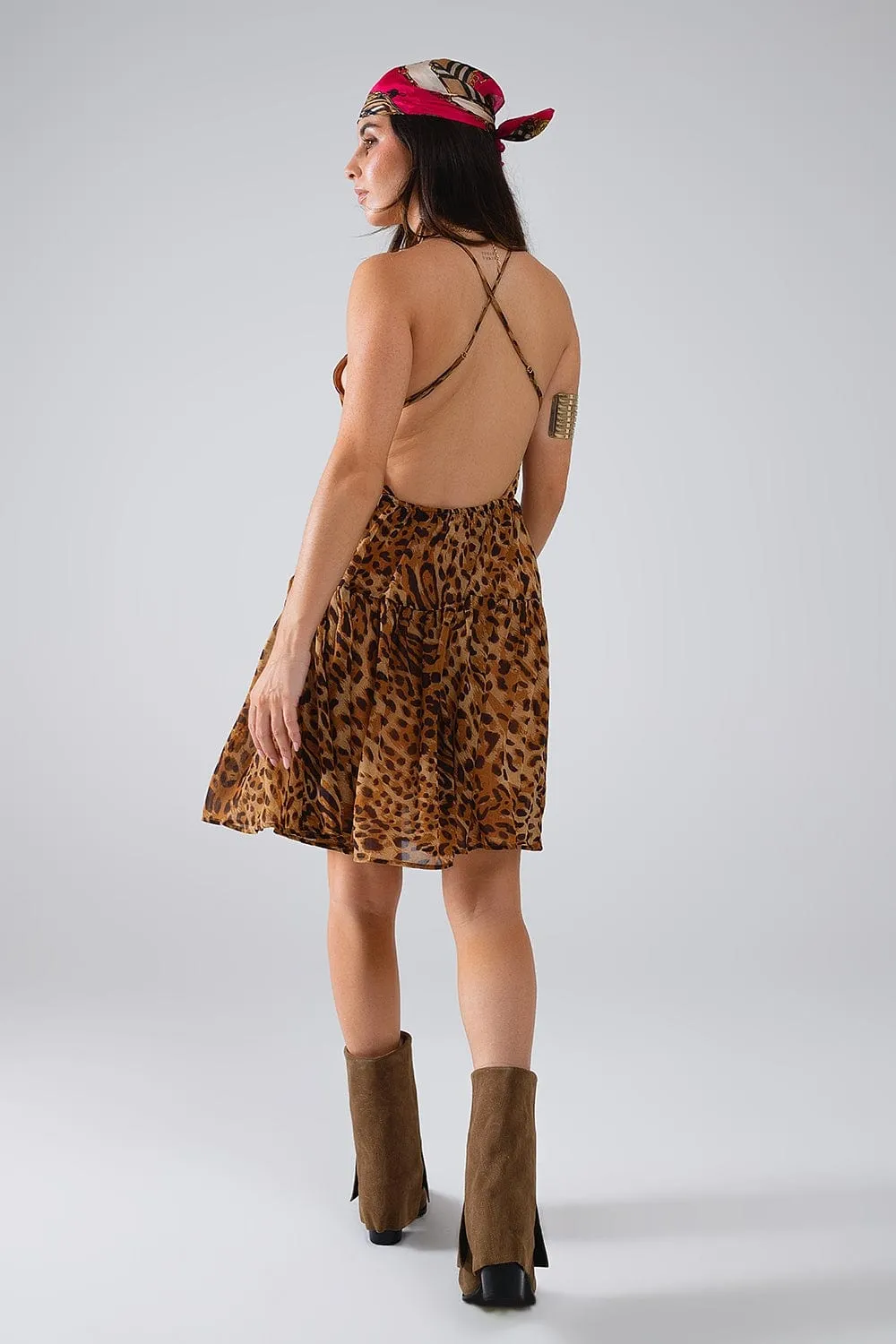 Halter Open Back Babydoll Chiffon Dress In Leopard Print