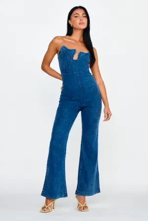 Horizon Strapless Wavy Neckline Jumpsuit Denim