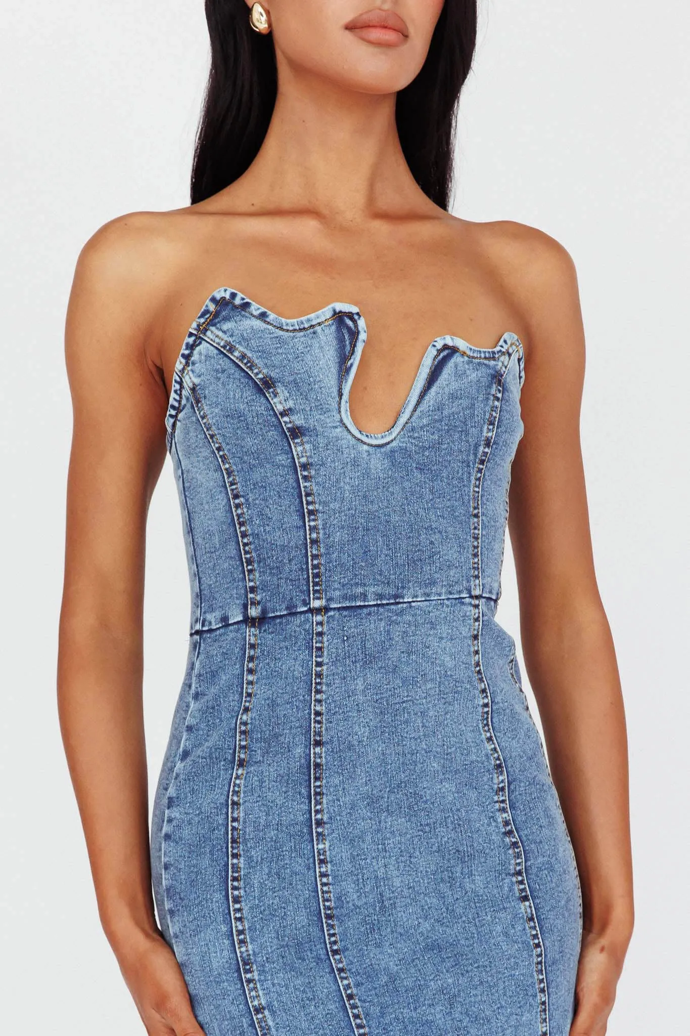 Horizon Strapless Wavy Neckline Midi Denim Blue
