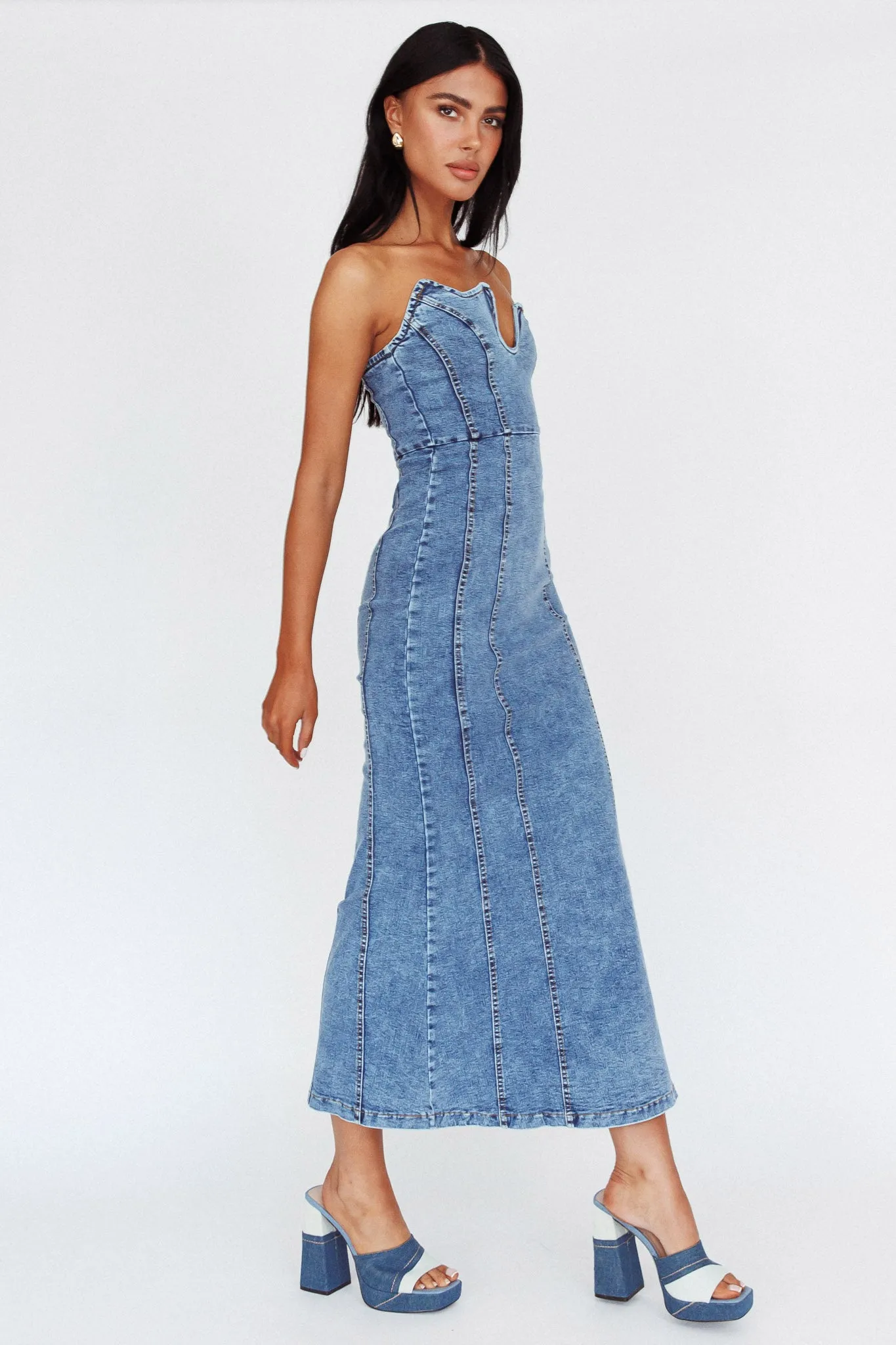 Horizon Strapless Wavy Neckline Midi Denim Blue