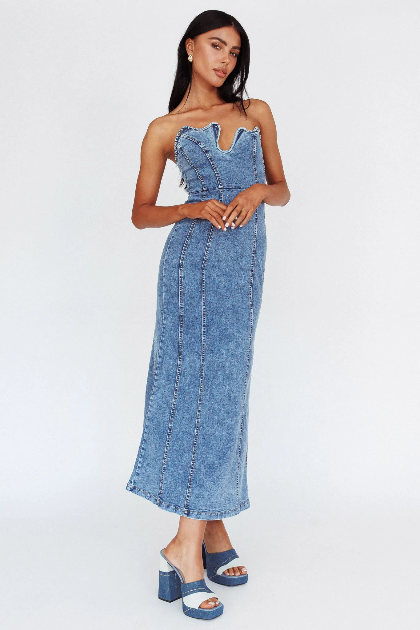 Horizon Strapless Wavy Neckline Midi Denim Blue