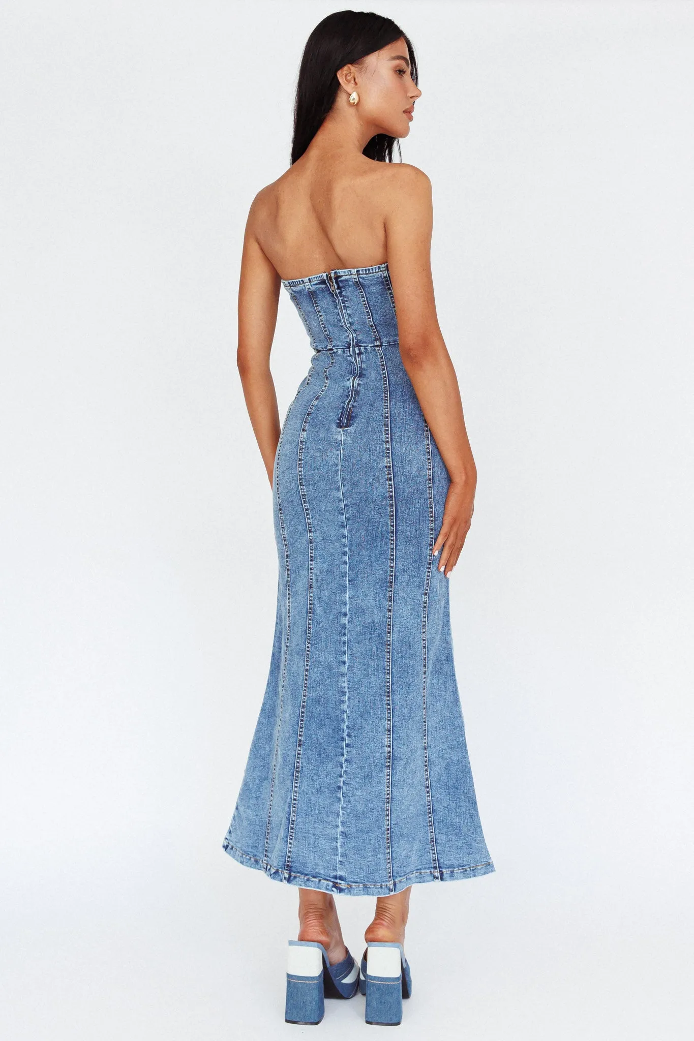 Horizon Strapless Wavy Neckline Midi Denim Blue