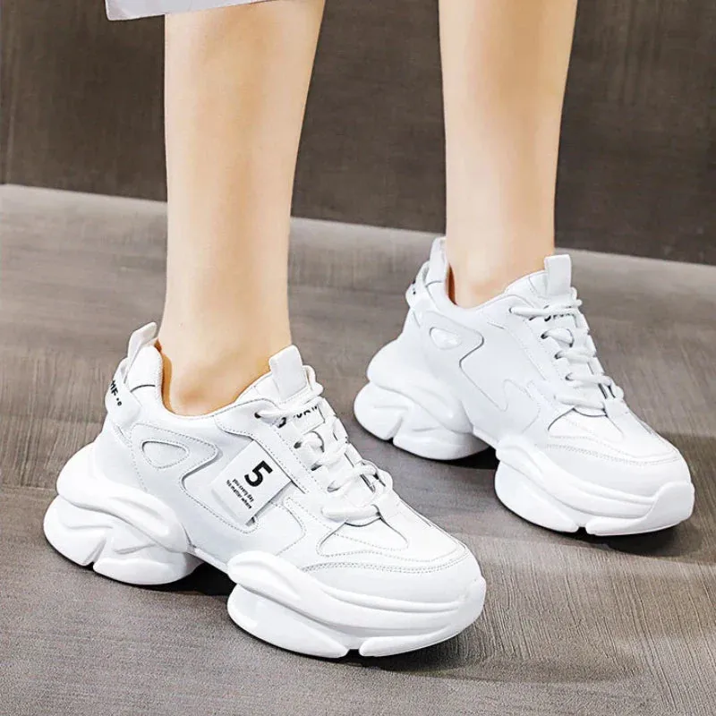 Joskaa 2024 New White Leather Sneakers Womens Platform