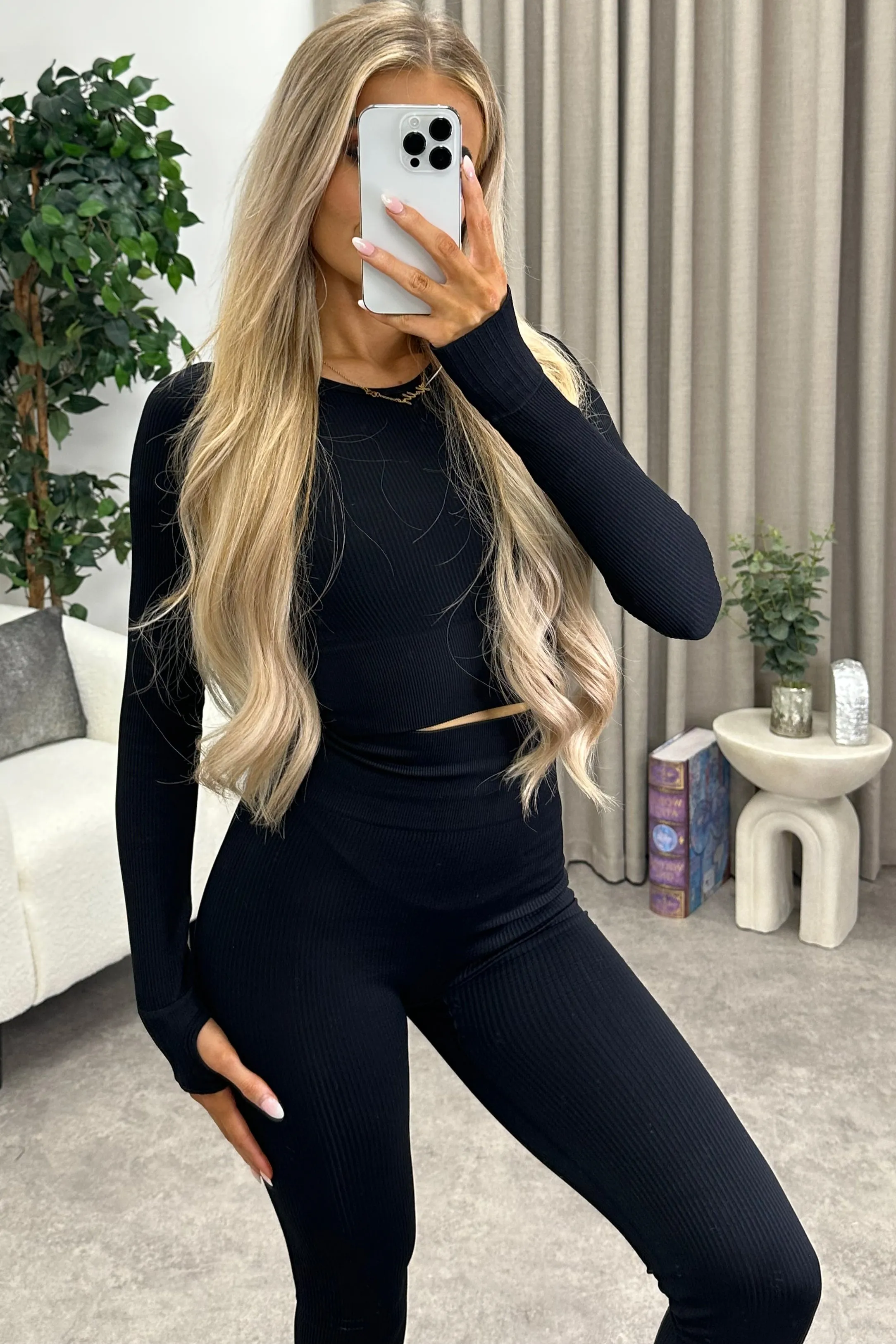 Kattie Black Ribbed Crop Top and Leggings Gym Set
