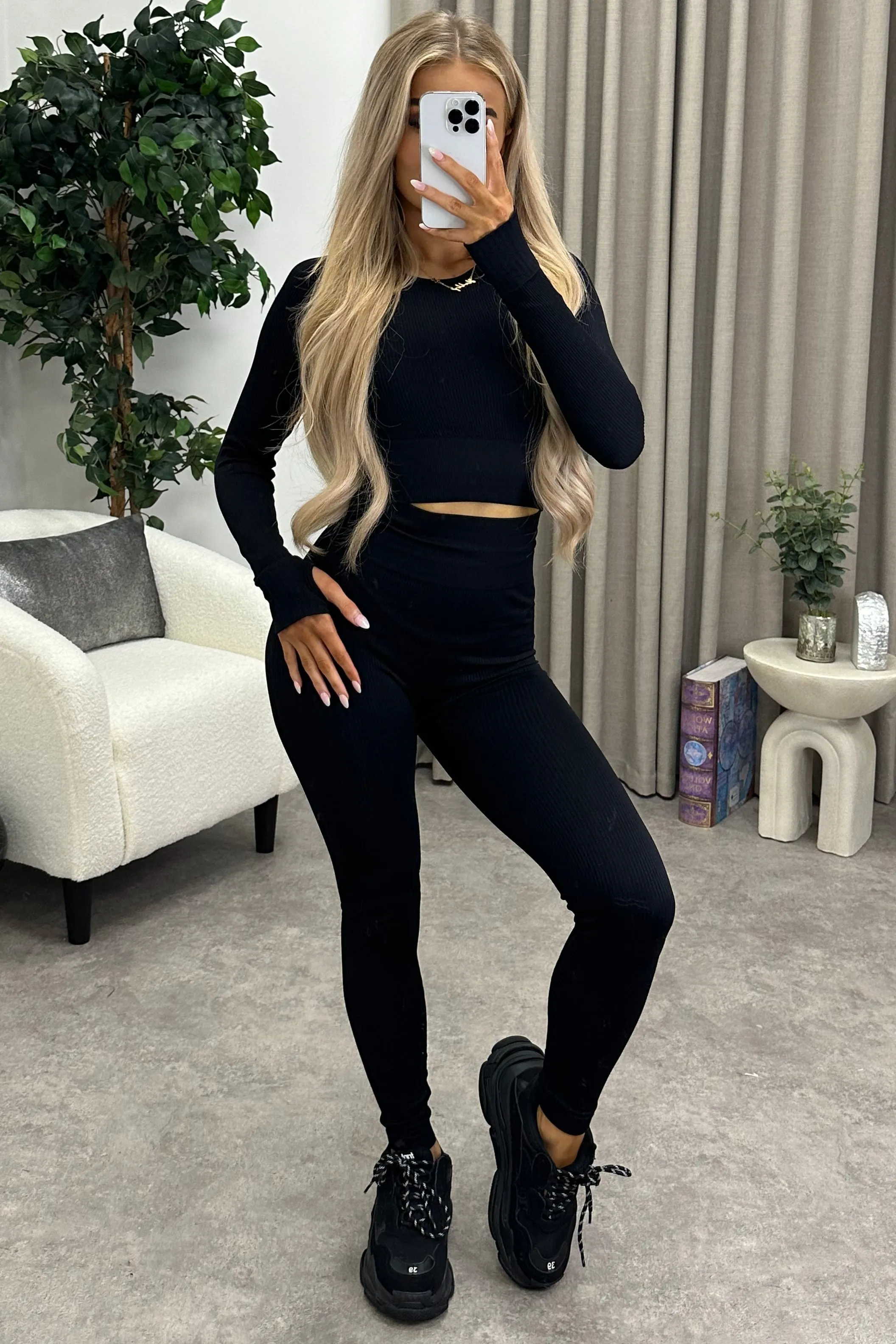 Kattie Black Ribbed Crop Top and Leggings Gym Set