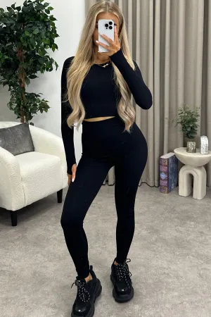 Kattie Black Ribbed Crop Top and Leggings Gym Set
