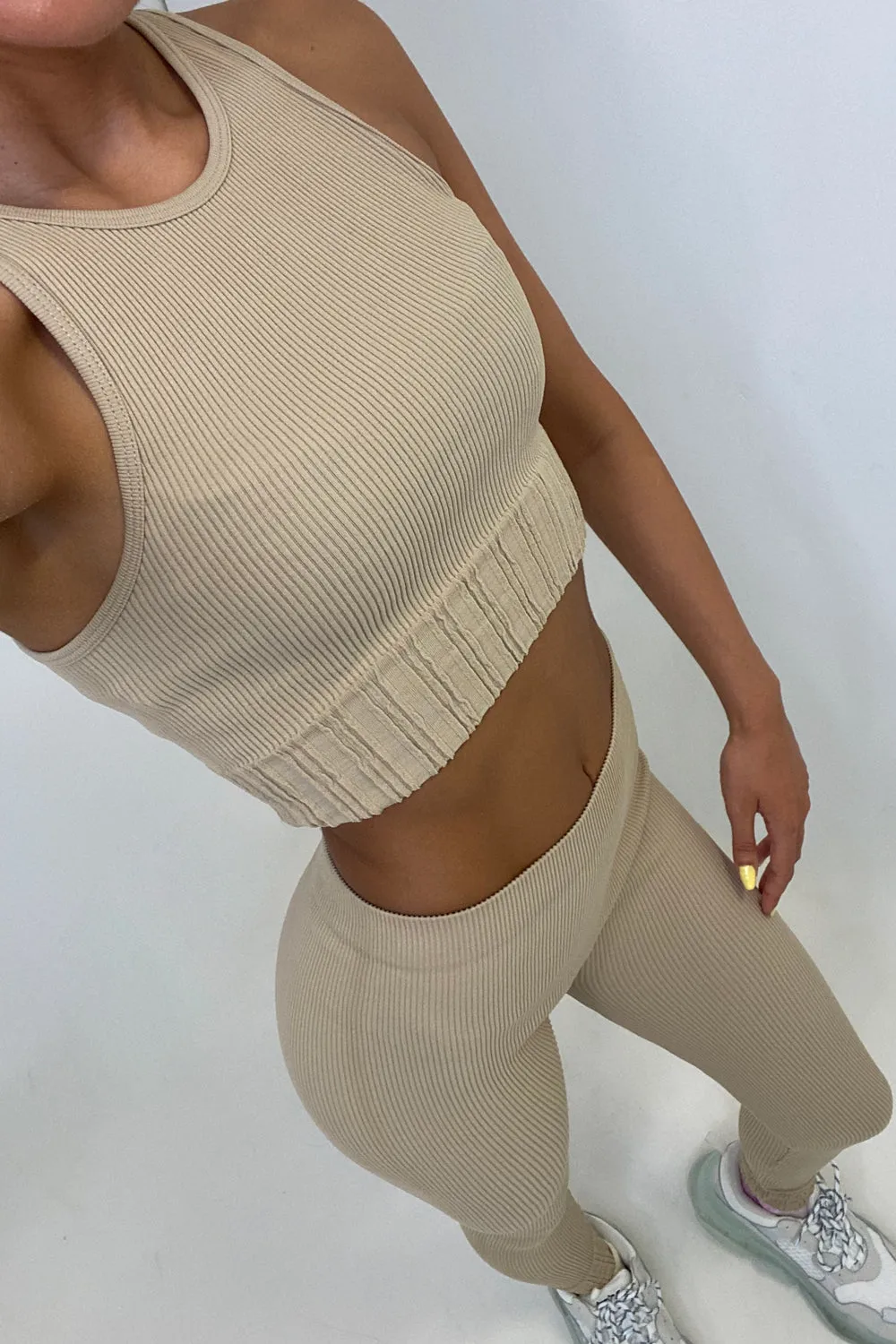 Kitti Beige Ribbed Sleeveless Crop Top and Leggings Gym Set