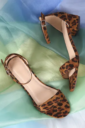 Leopard Ankle Strap Open Toe Block Heeled Sandal